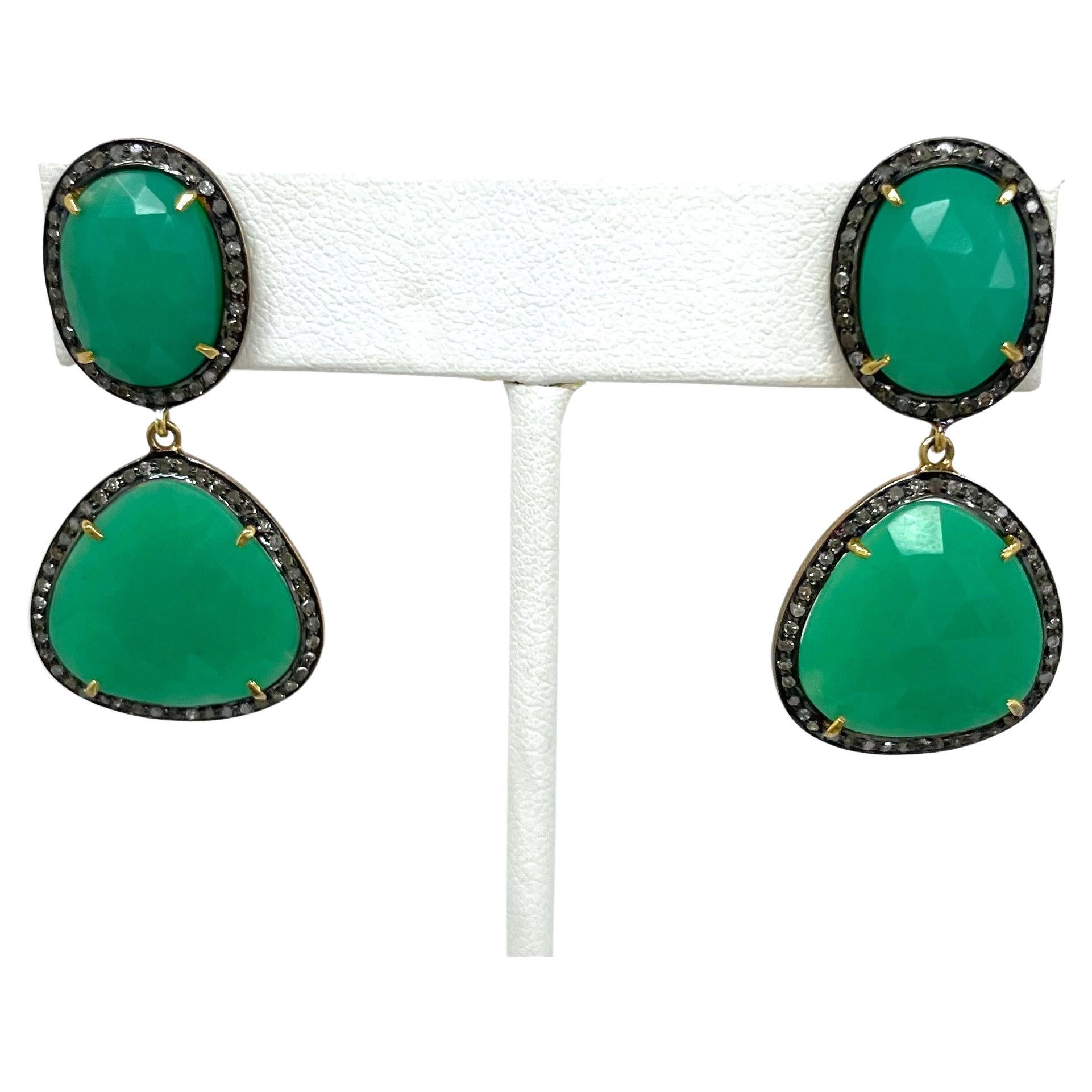 Green Chrysoprase with Pave Diamonds Paradizia Earrings For Sale 5