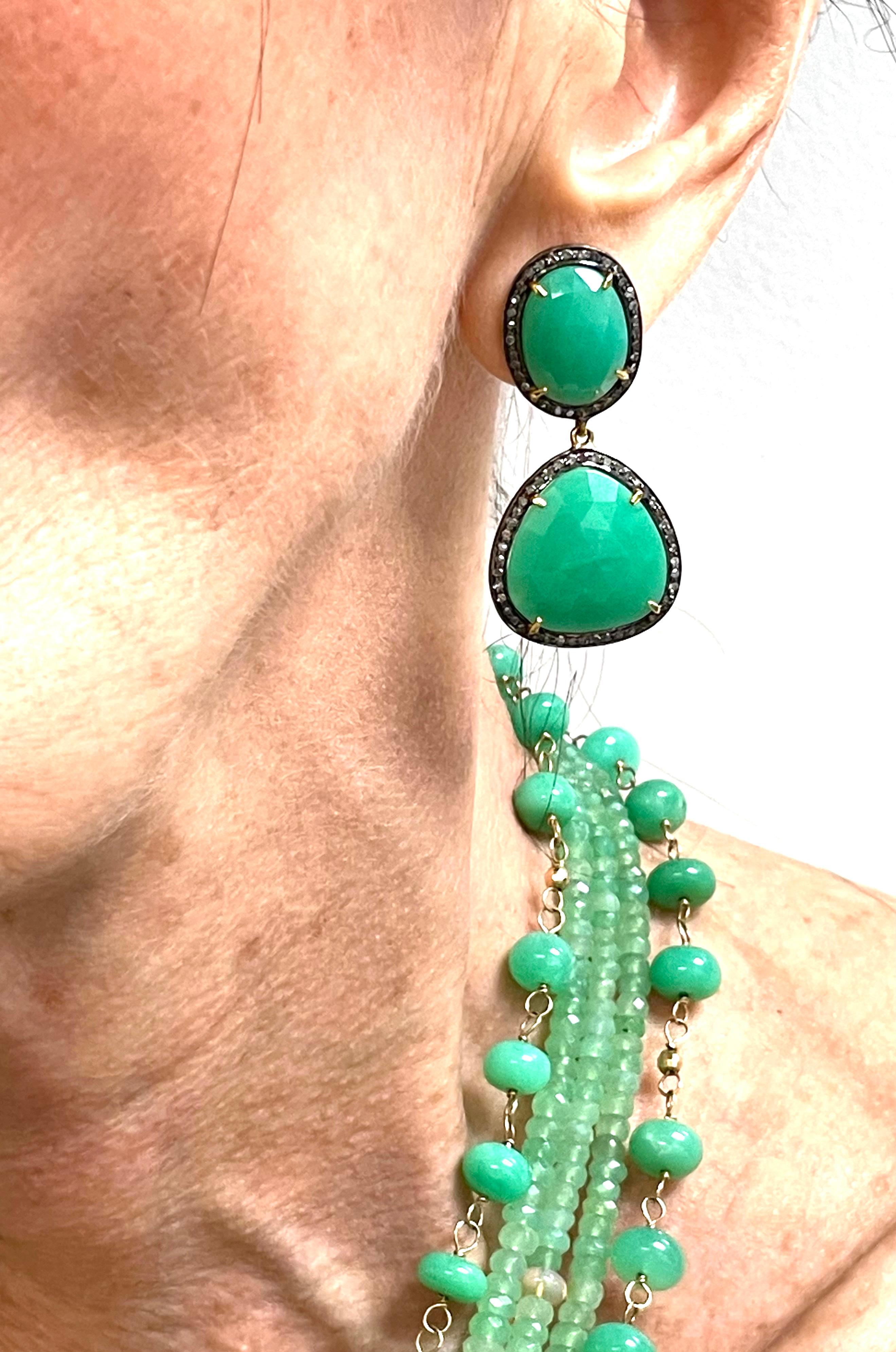 Green Chrysoprase with Pave Diamonds Paradizia Earrings For Sale 3