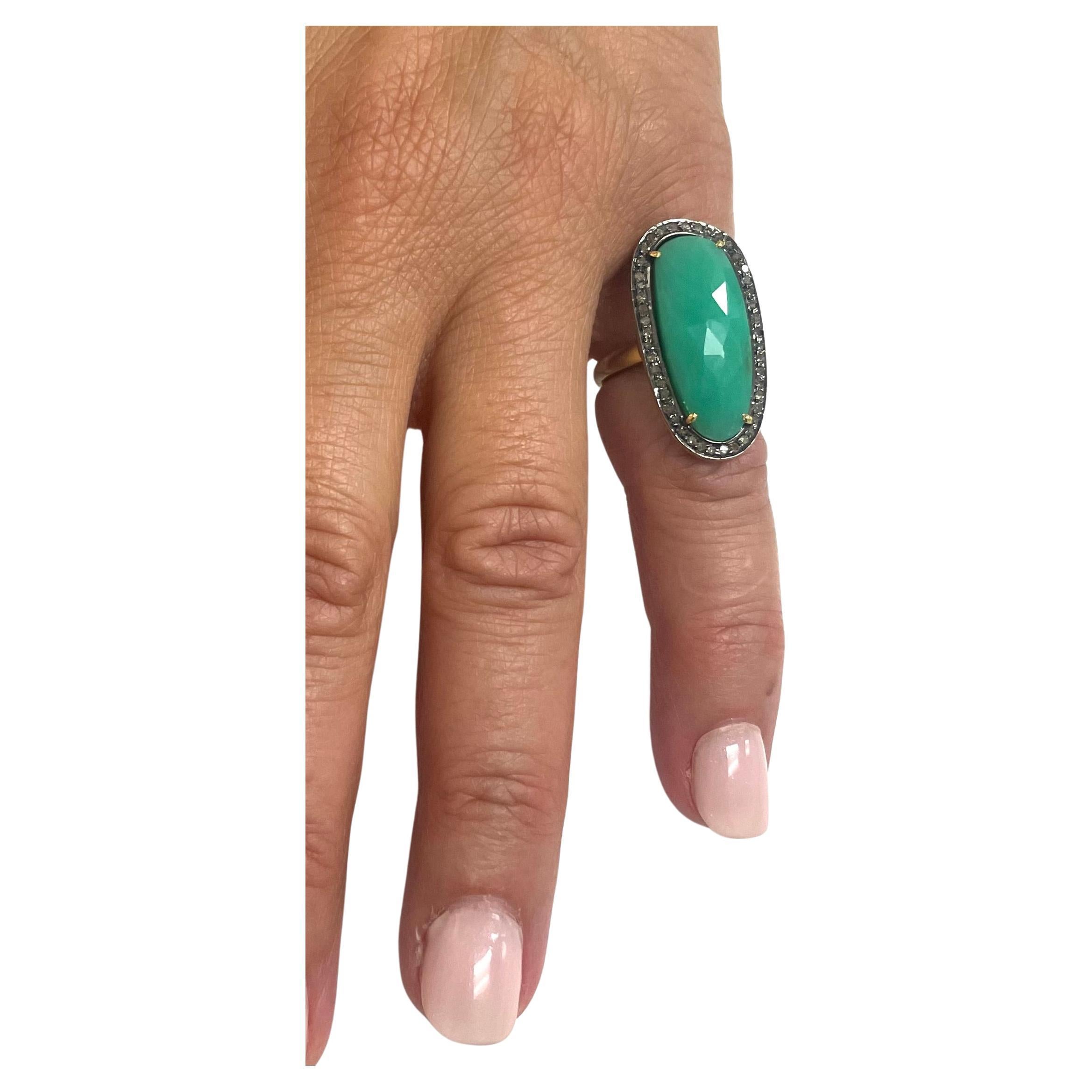 Green Chrysoprase with Pave Diamonds Paradizia Ring For Sale 6