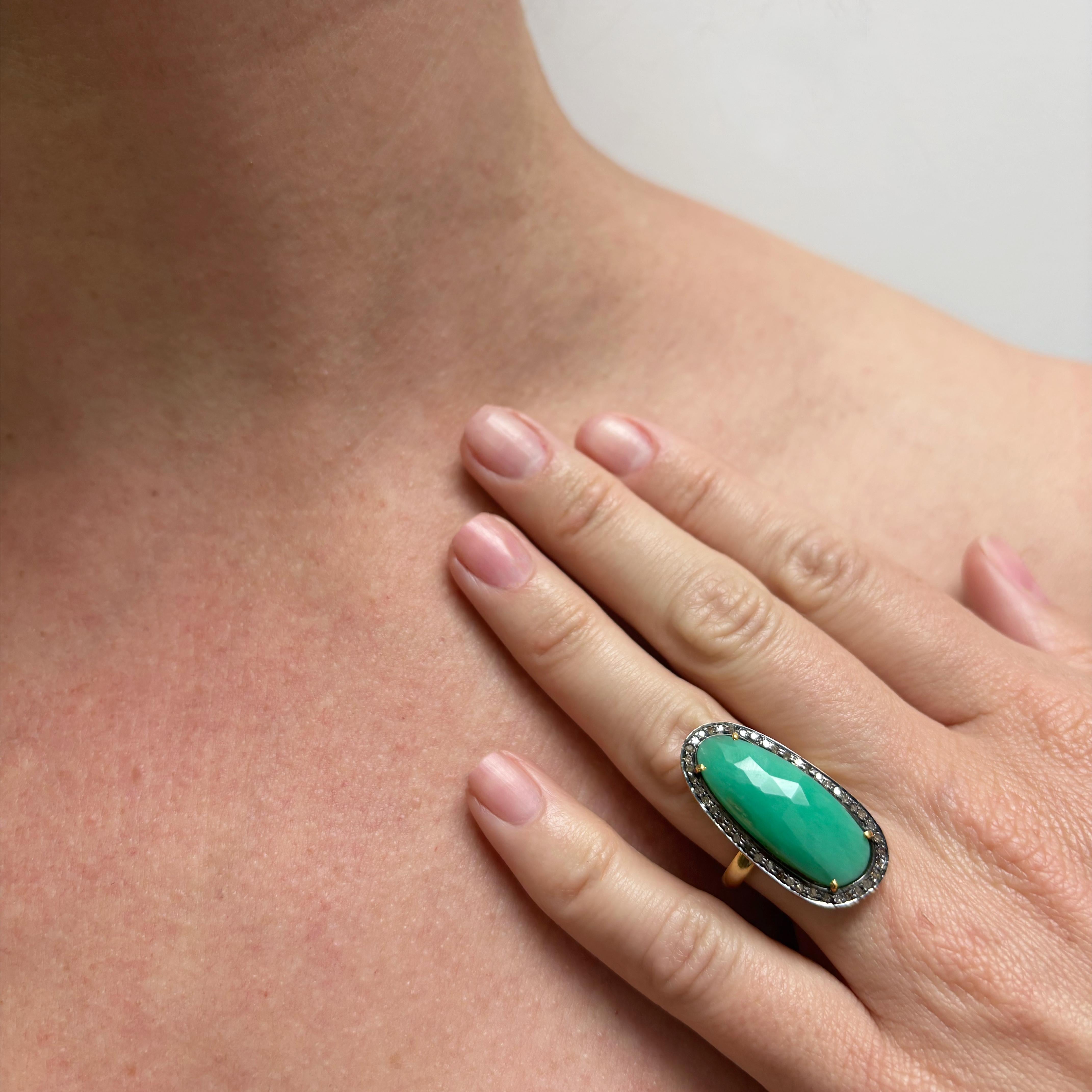 Green Chrysoprase with Pave Diamonds Paradizia Ring For Sale