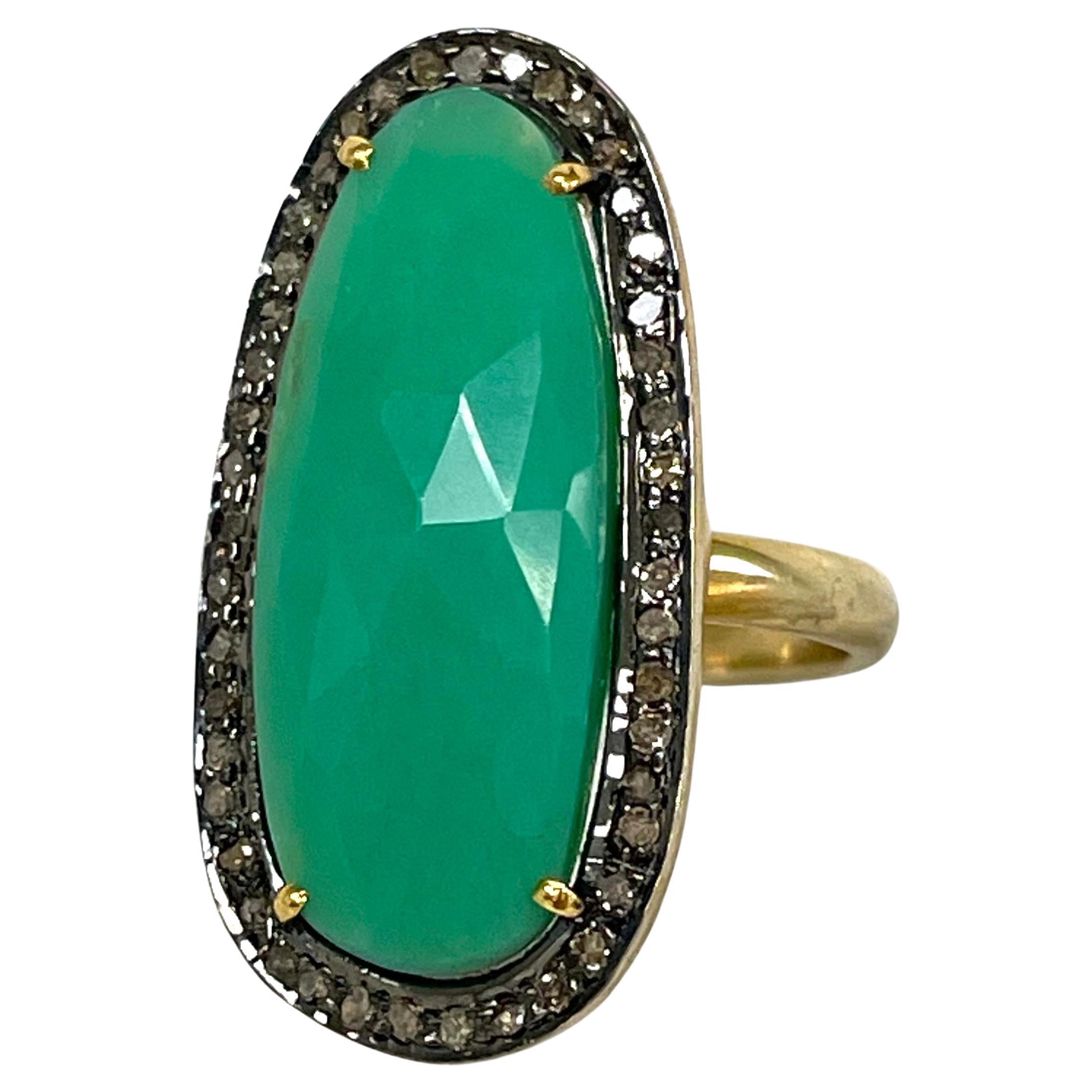 Green Chrysoprase with Pave Diamonds Paradizia Ring For Sale 8