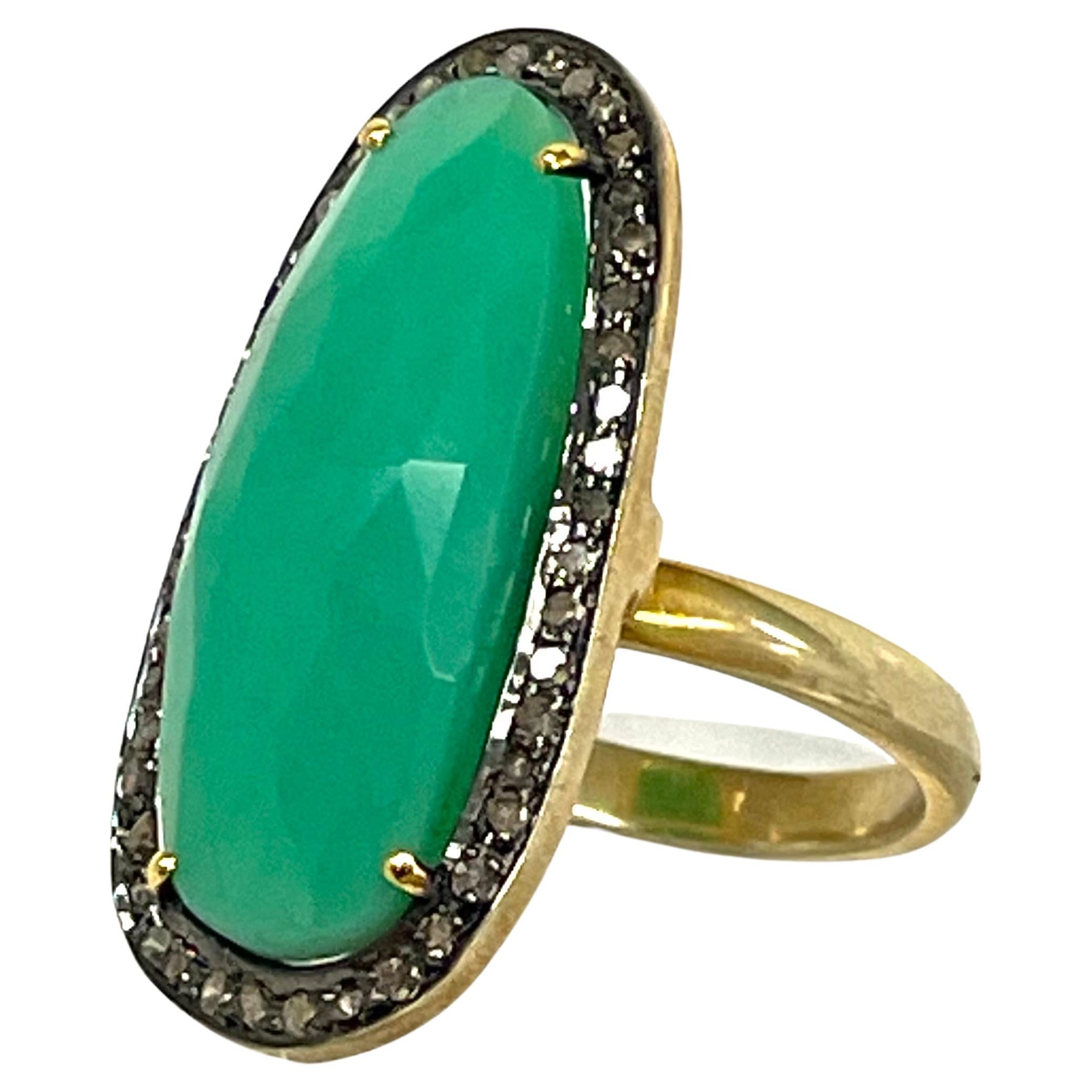 Artisan Green Chrysoprase with Pave Diamonds Paradizia Ring For Sale