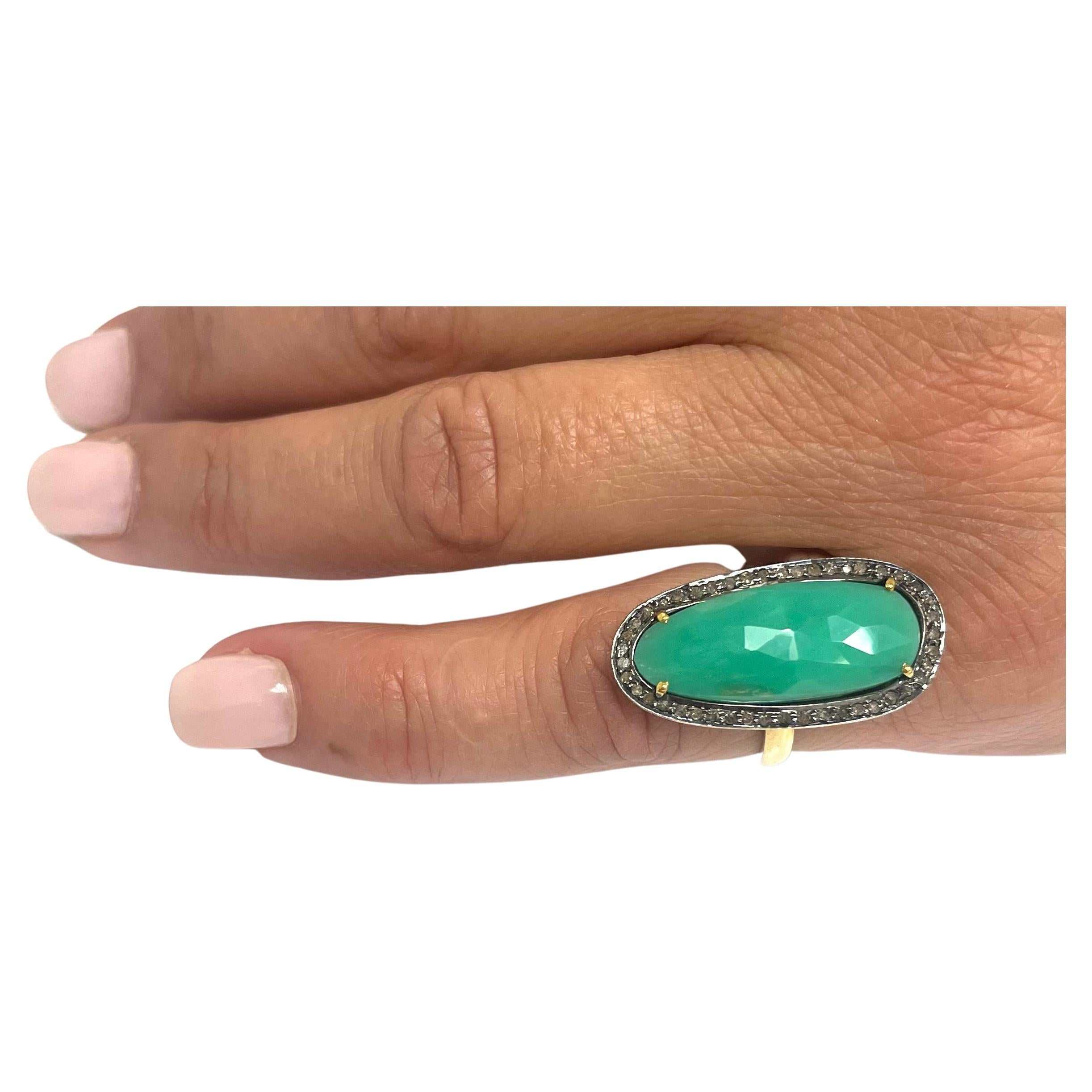 Green Chrysoprase with Pave Diamonds Paradizia Ring For Sale 1