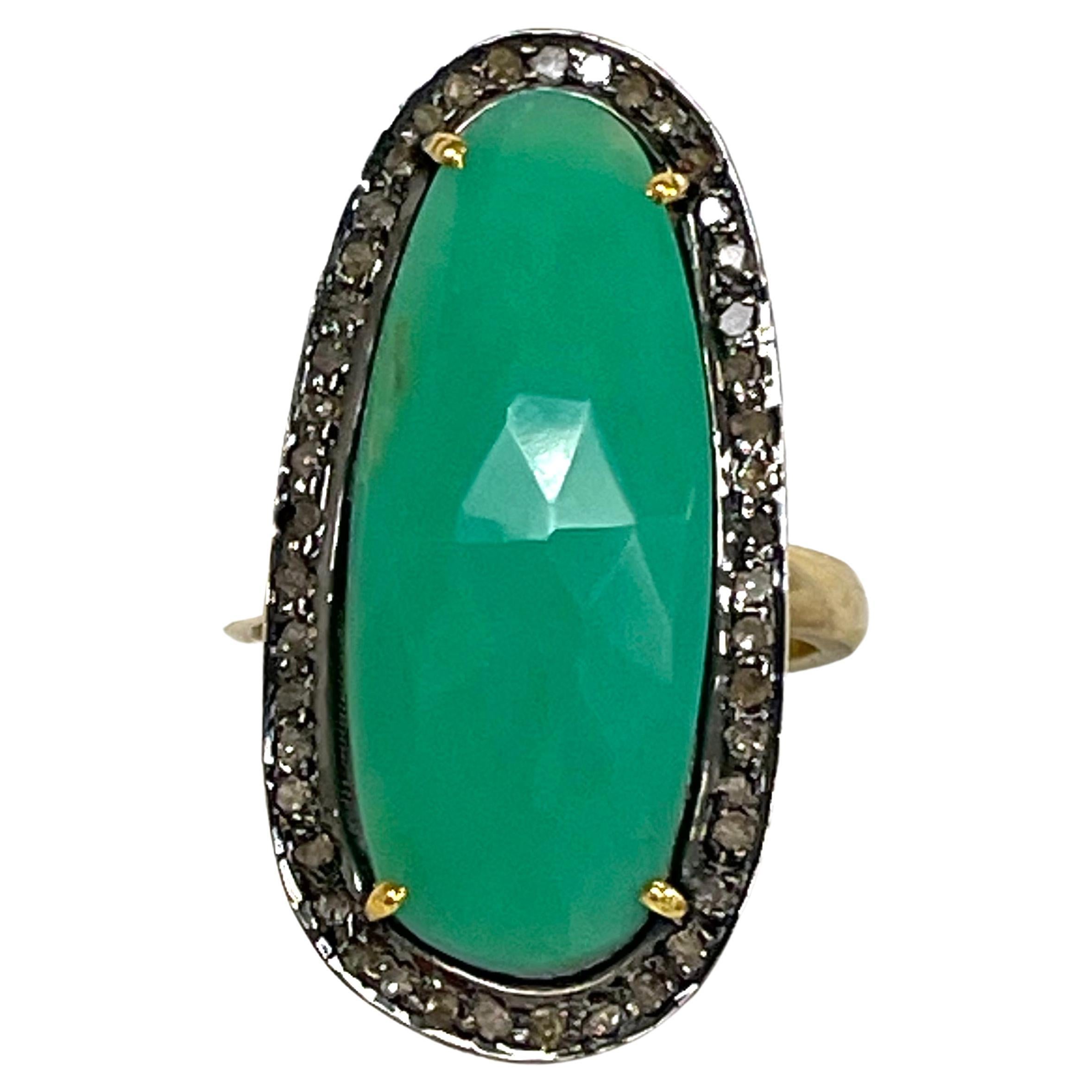 Green Chrysoprase with Pave Diamonds Paradizia Ring For Sale 3