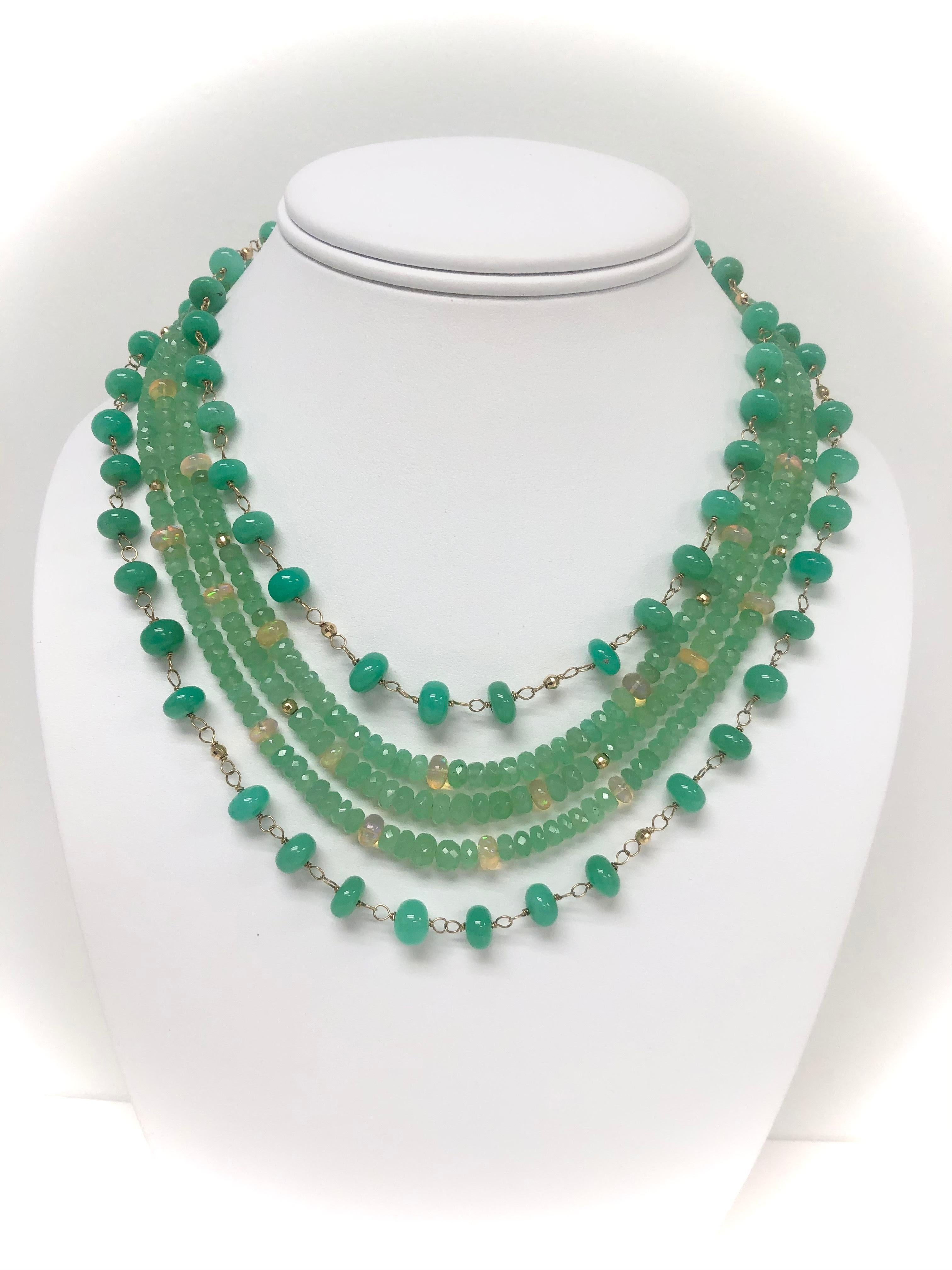 Contemporary Green Chrysoprase with Yellow Opal Multi Strand Necklace For Sale
