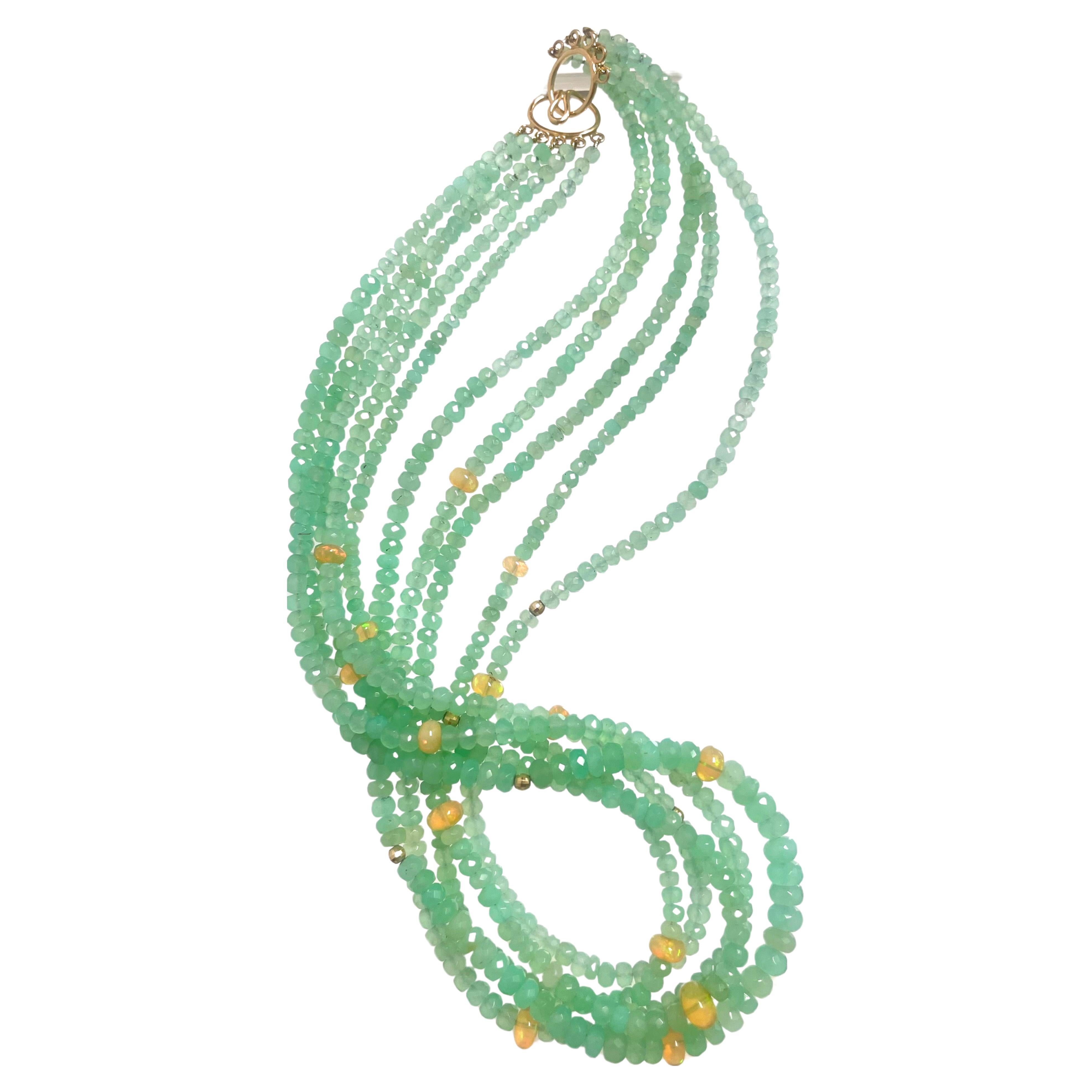 Mehrstrangige Paradizia-Halskette mit grünem Chrysopras mit gelben Opalen (Kunsthandwerker*in) im Angebot