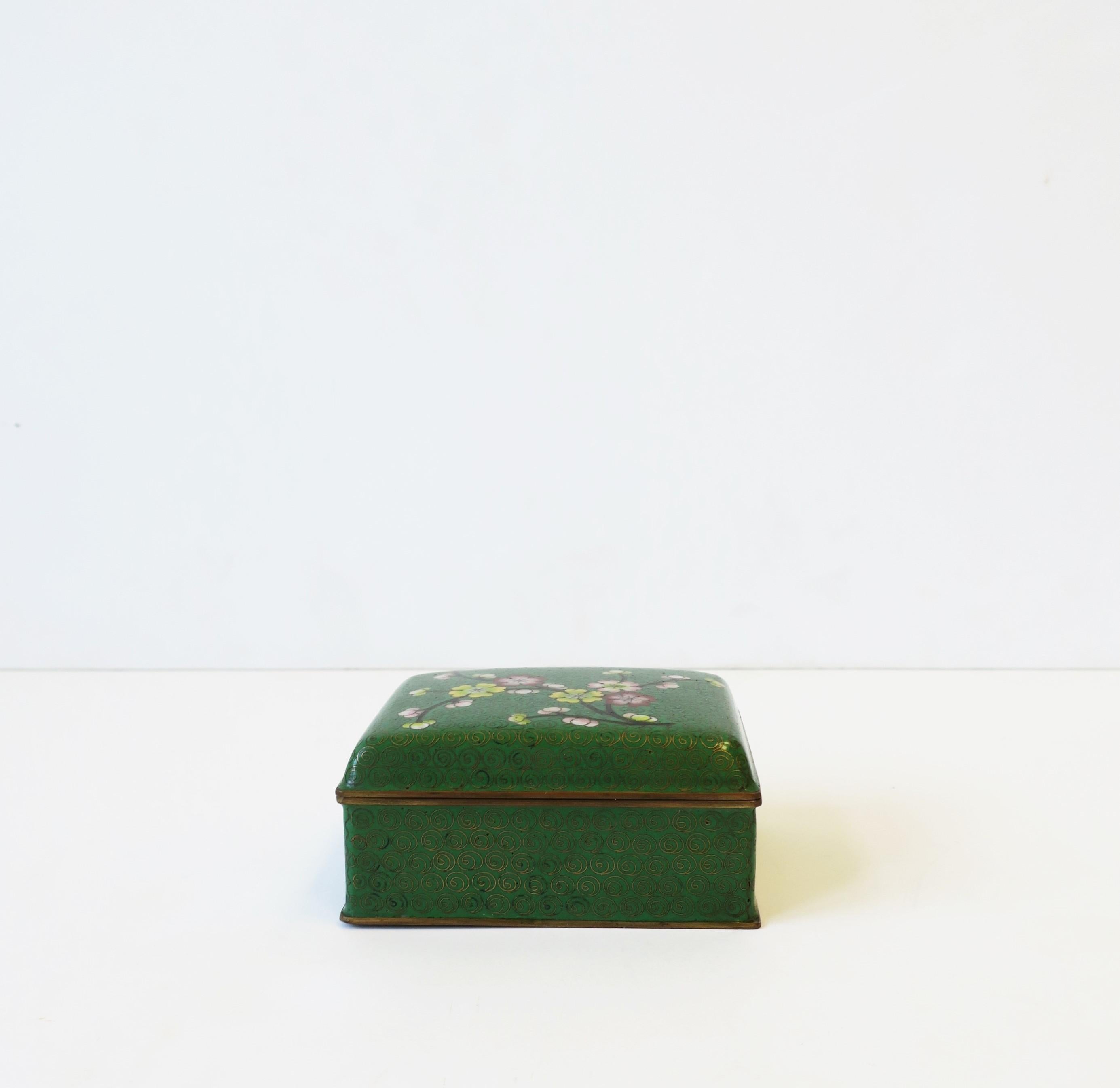 20th Century Green Cloisonné Enamel and Brass Jewelry Box For Sale