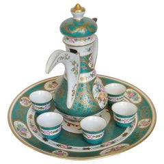 Green Coffee Service for Six, Finely Decorated Porcelain Limoges, 20th Century