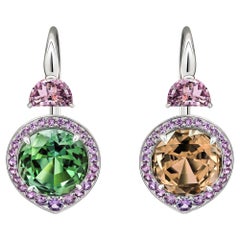 Green & Cognac Tourmalines Spinels & Sapphire Earrings, 18k White Gold Earrings