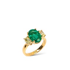 3.54ct Green Colombian Oval Emerald and Yellow Diamond Ring in 18K Yellow Gold