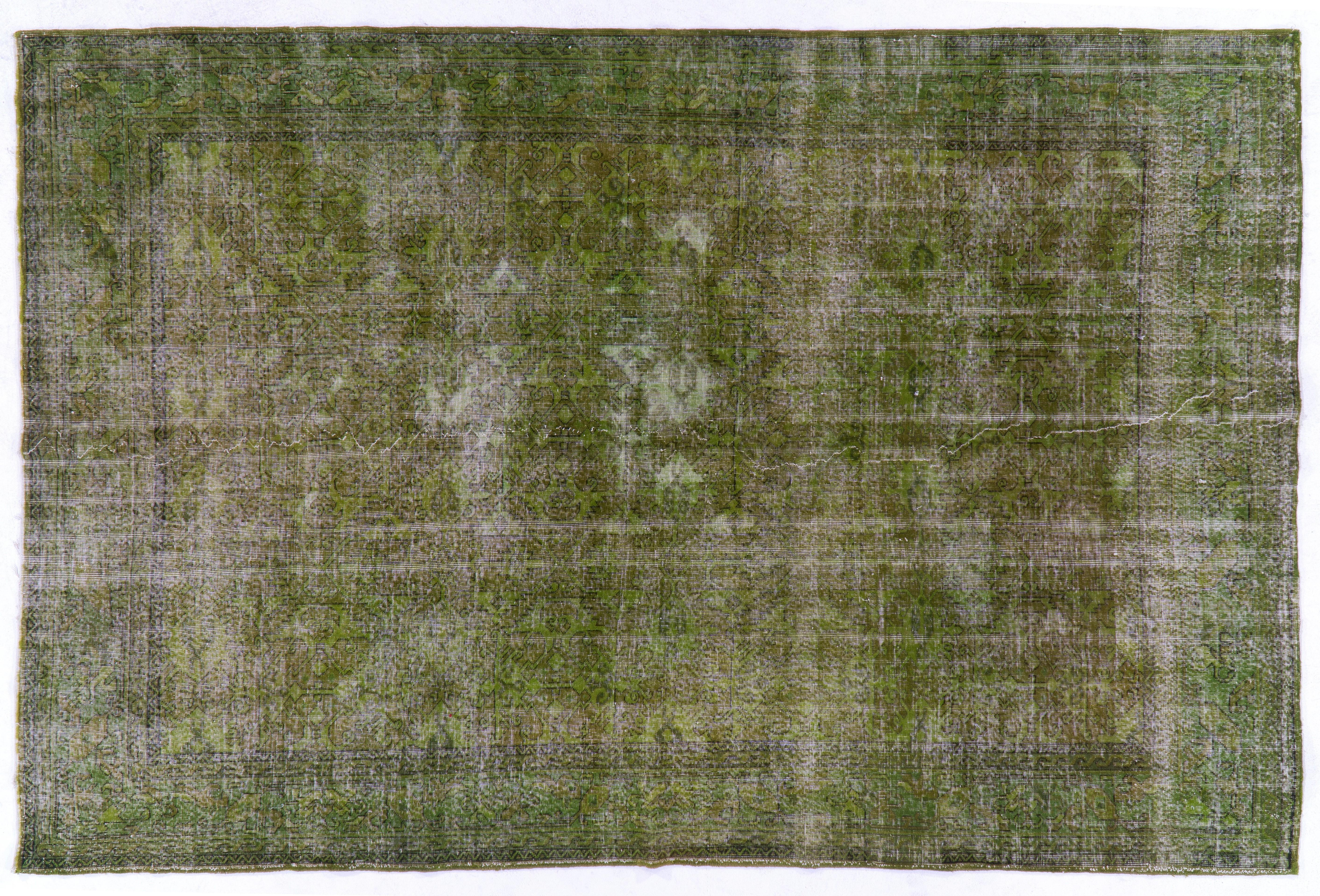 20th Century 7.3x10.7 Ft Distressed Vintage Area Rug Over-Dyed in Green for Modern Home Decor