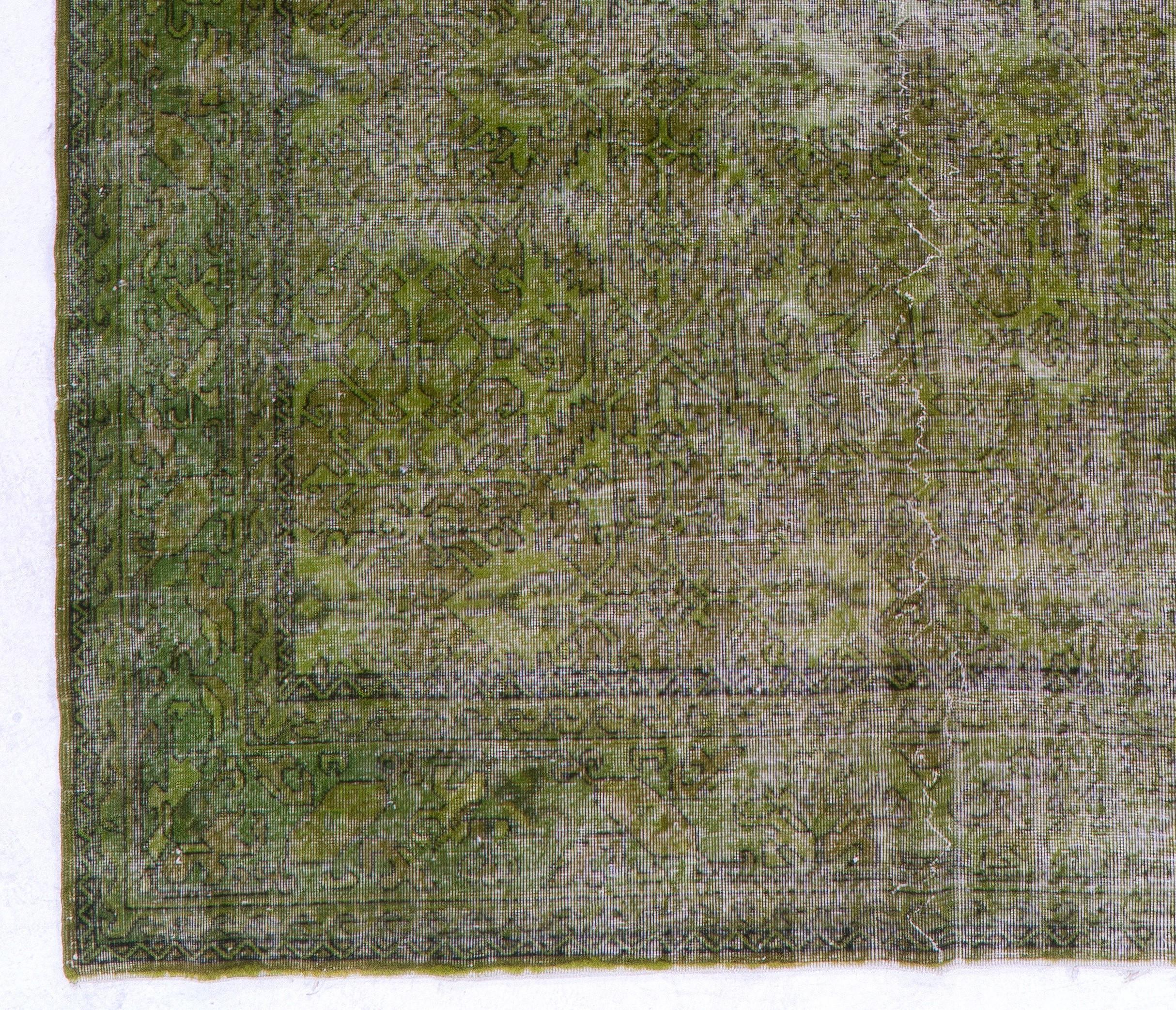 Turkish 7.3x10.7 Ft Distressed Vintage Area Rug Over-Dyed in Green for Modern Home Decor
