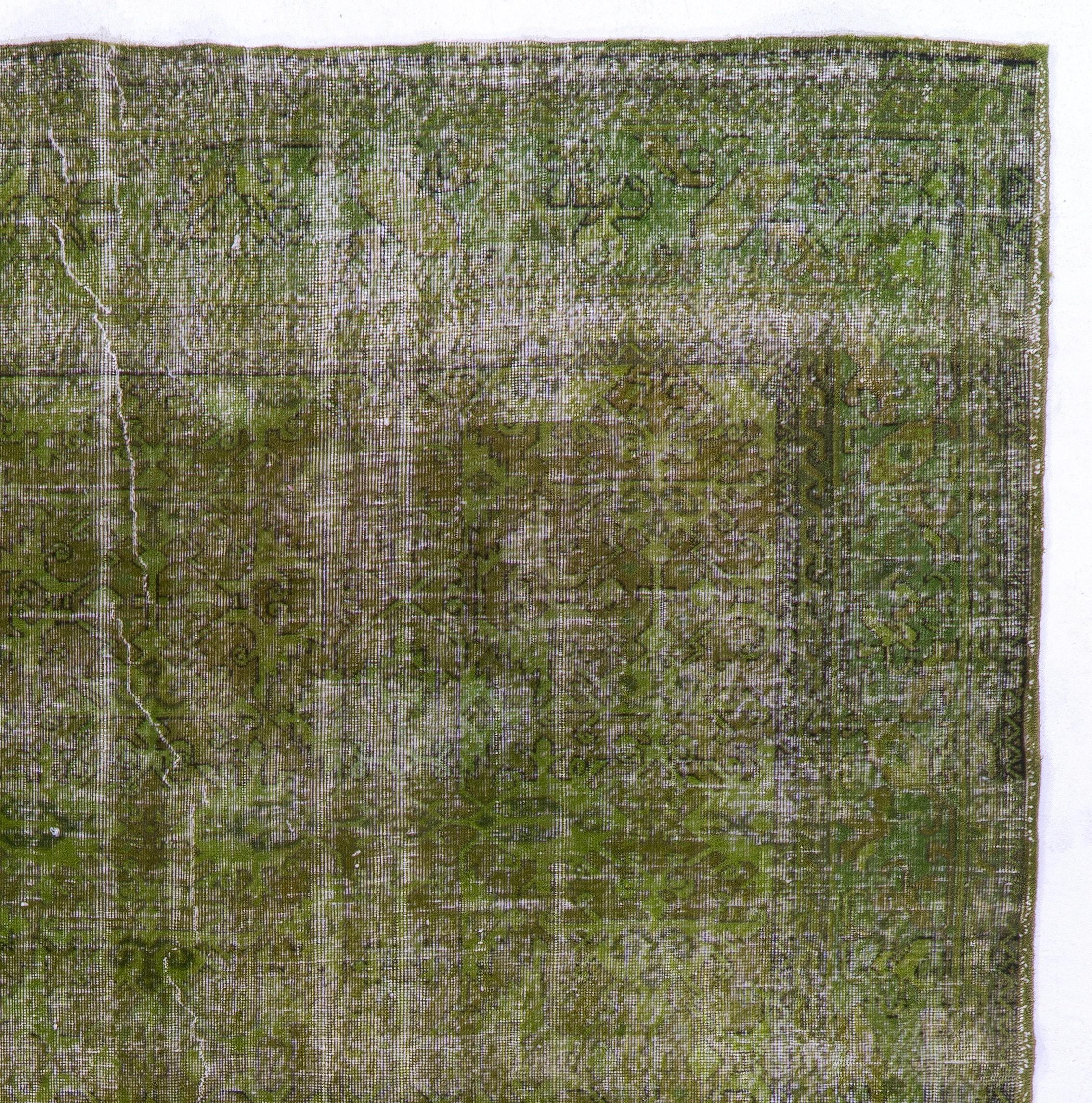 Hand-Woven 7.3x10.7 Ft Distressed Vintage Area Rug Over-Dyed in Green for Modern Home Decor