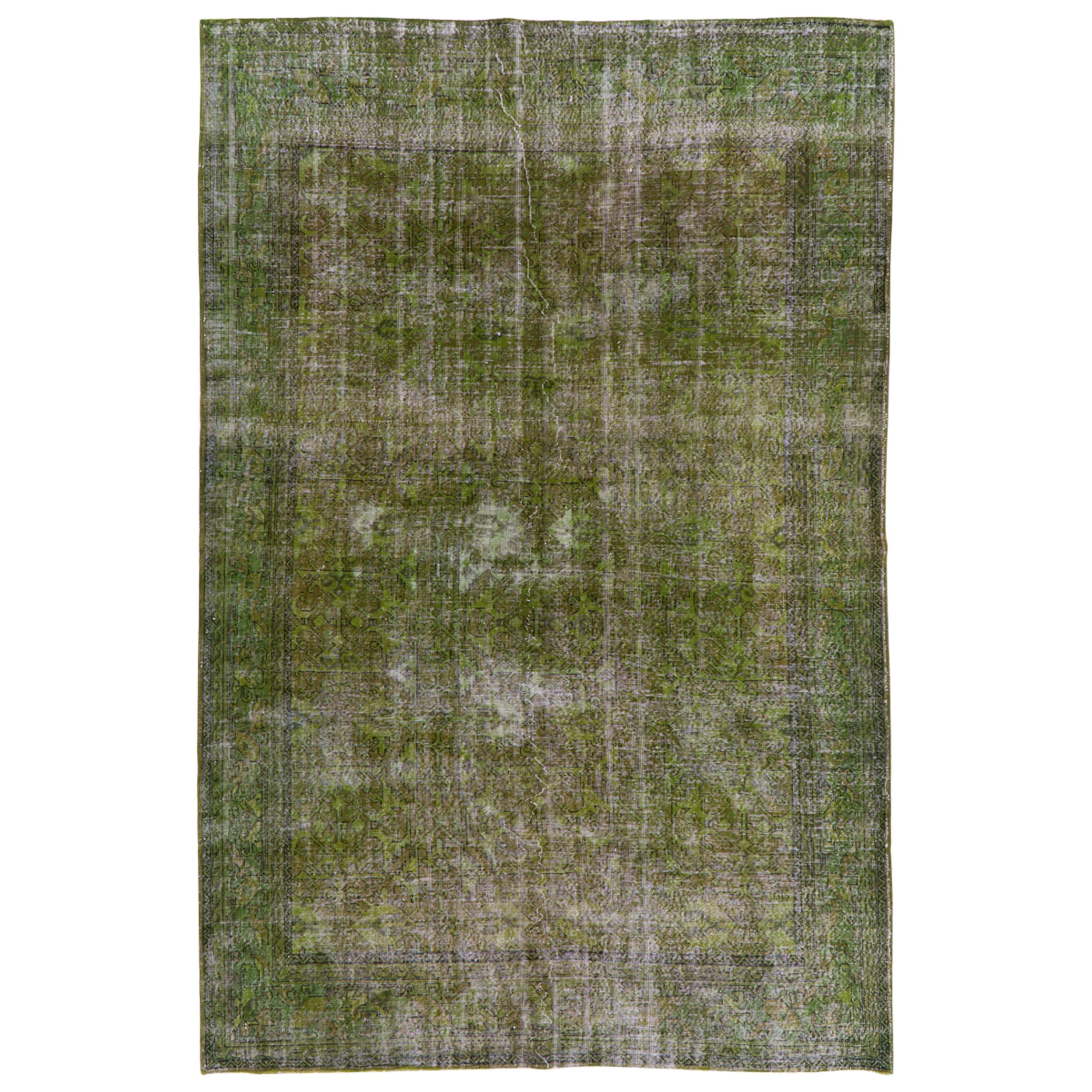 7.3x10.7 Ft Distressed Vintage Area Rug Over-Dyed in Green for Modern Home Decor
