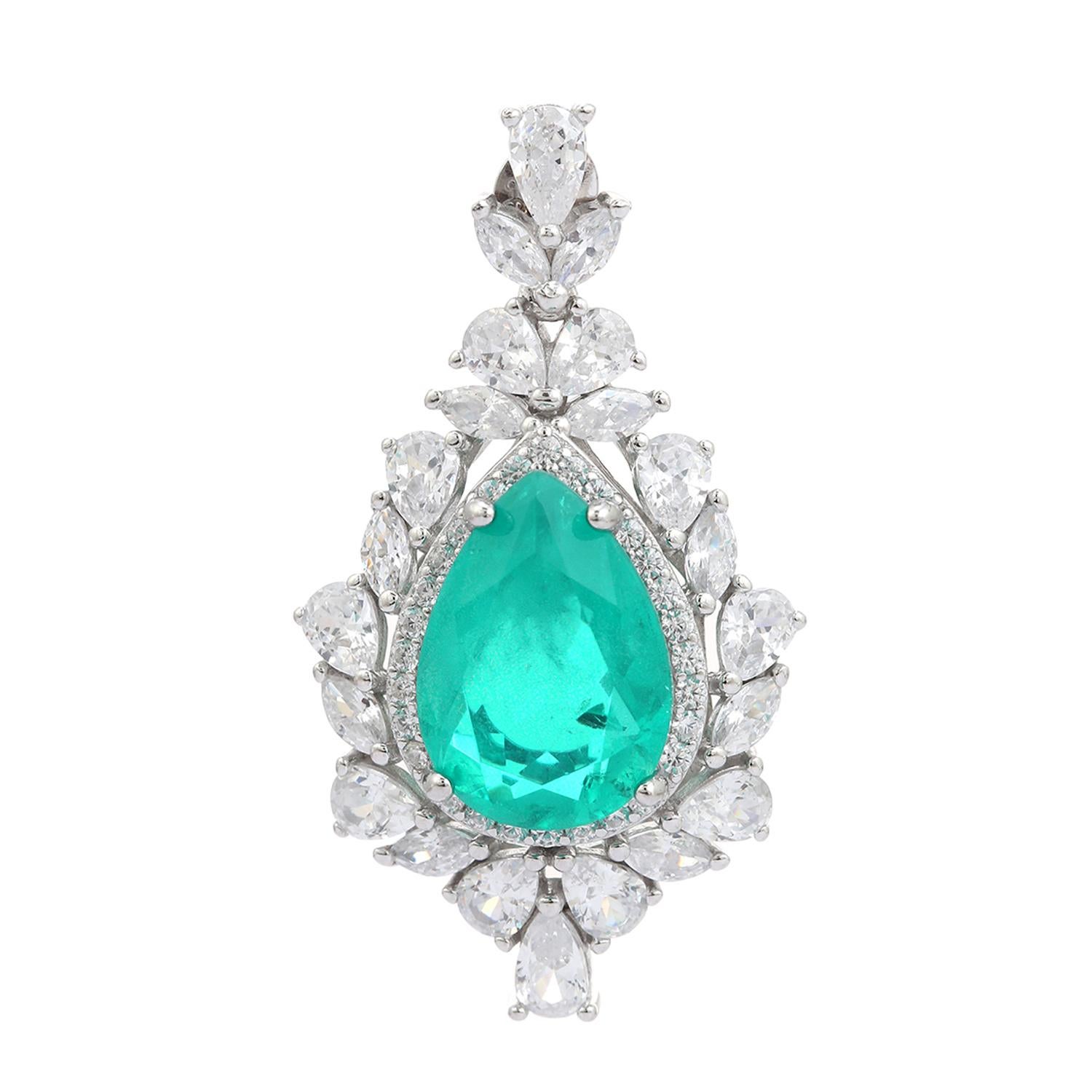 Modernist Green Color Rhinestone Tear Drop Earrings for Gifts Jewelry in 925 Silver For Sale