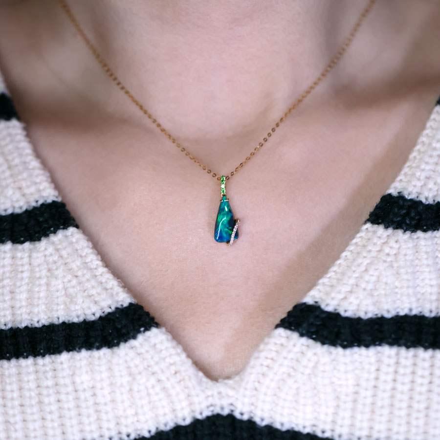 Arts and Crafts Green Colored Black Opal & Diamond Tsavorite Necklace 18K Yellow Gold For Sale