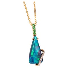 Grüner farbiger schwarzer Opal & Diamant Tsavorit Halskette 18K Gelbgold