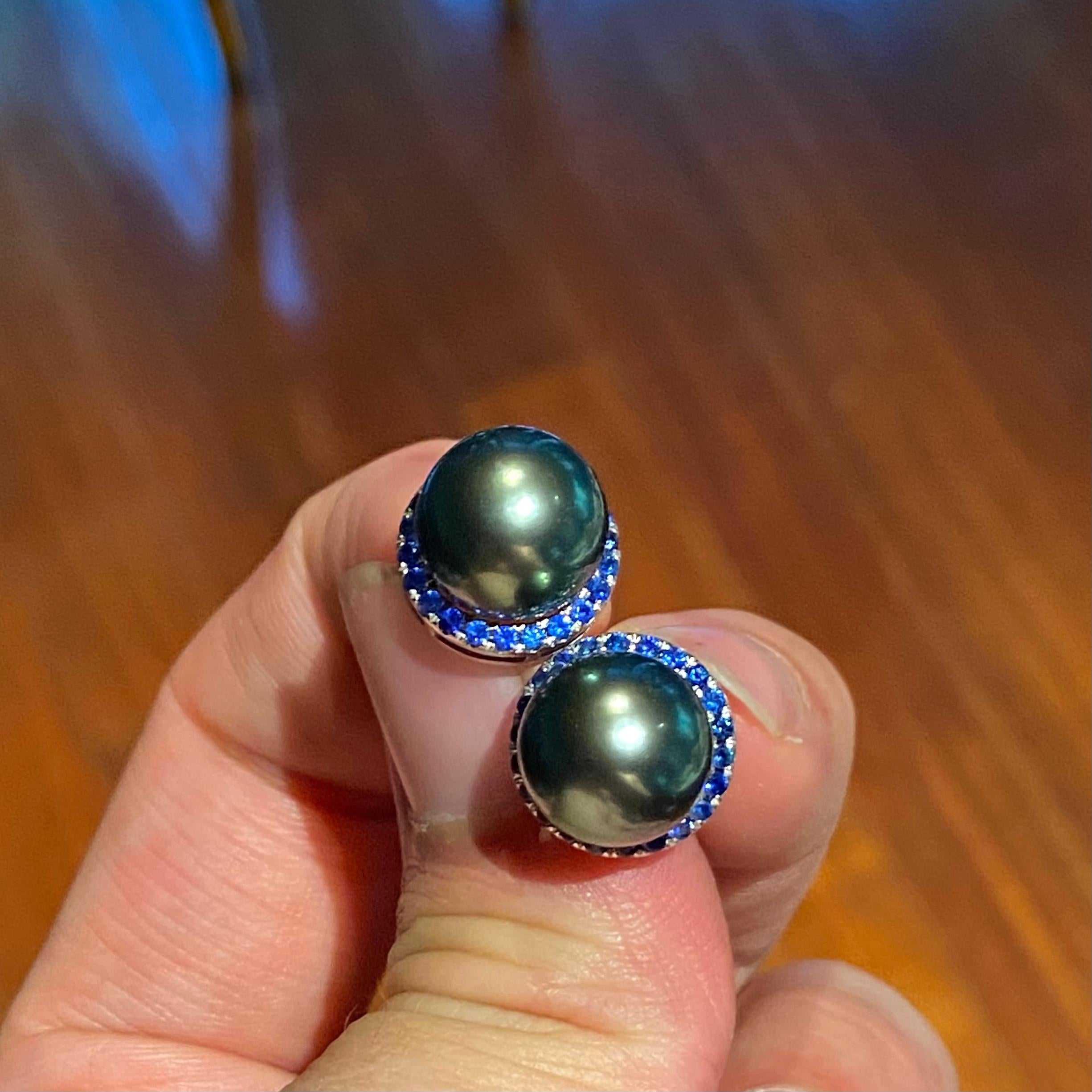Contemporary Eostre Tahitian Pearl and Sapphire Earring in 18K White Gold For Sale