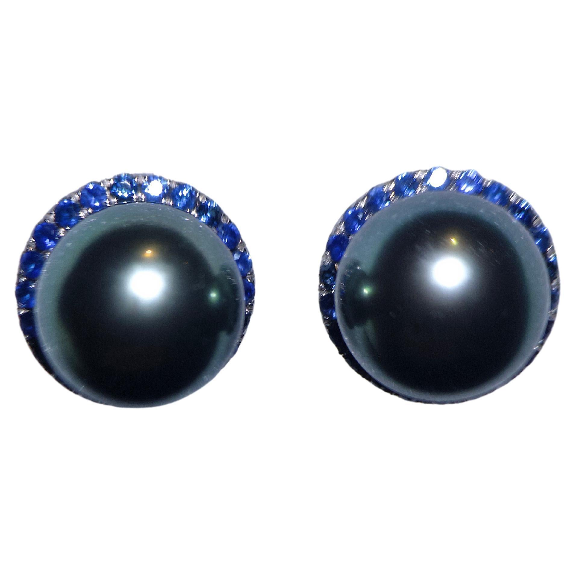 Eostre Tahitian Pearl and Sapphire Earring in 18K White Gold For Sale