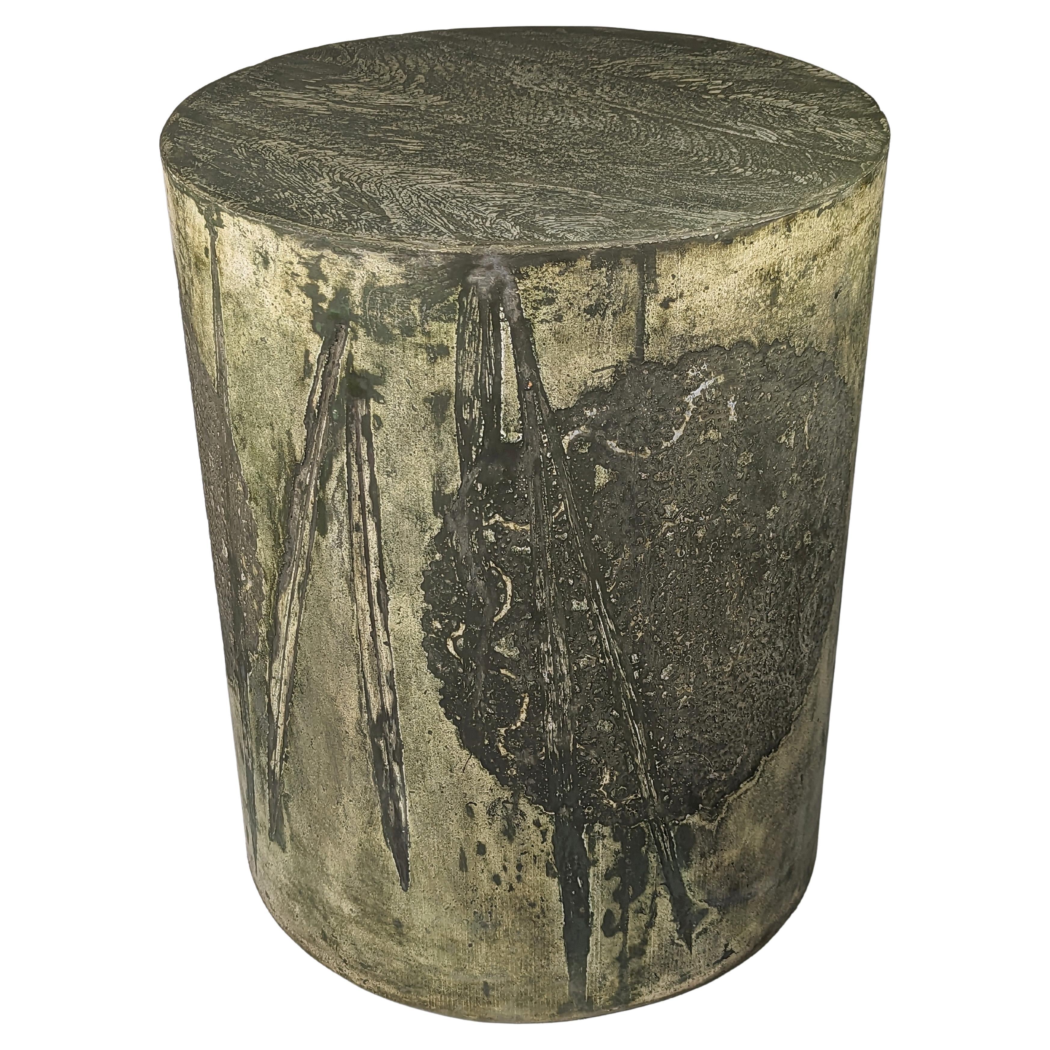 Green Concrete Side Table with Intricate Pattern, 'Unearthed Lineage'