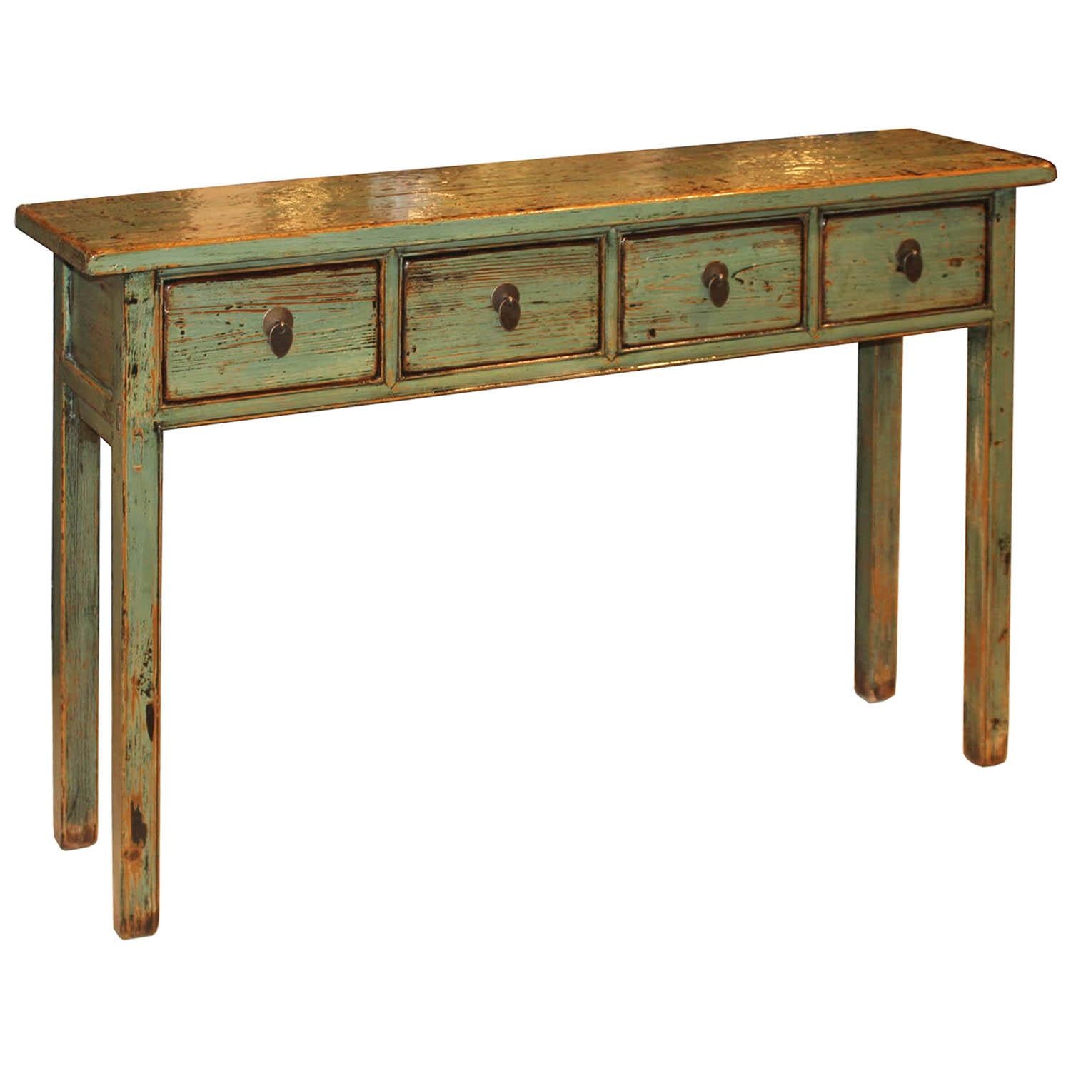 Vintage console table from northern China has been refinished with sage green lacquer highlighted by exposed wood edges and light distressing. Perfect as an accent table in the entry way with accessories on top. New hardware.
