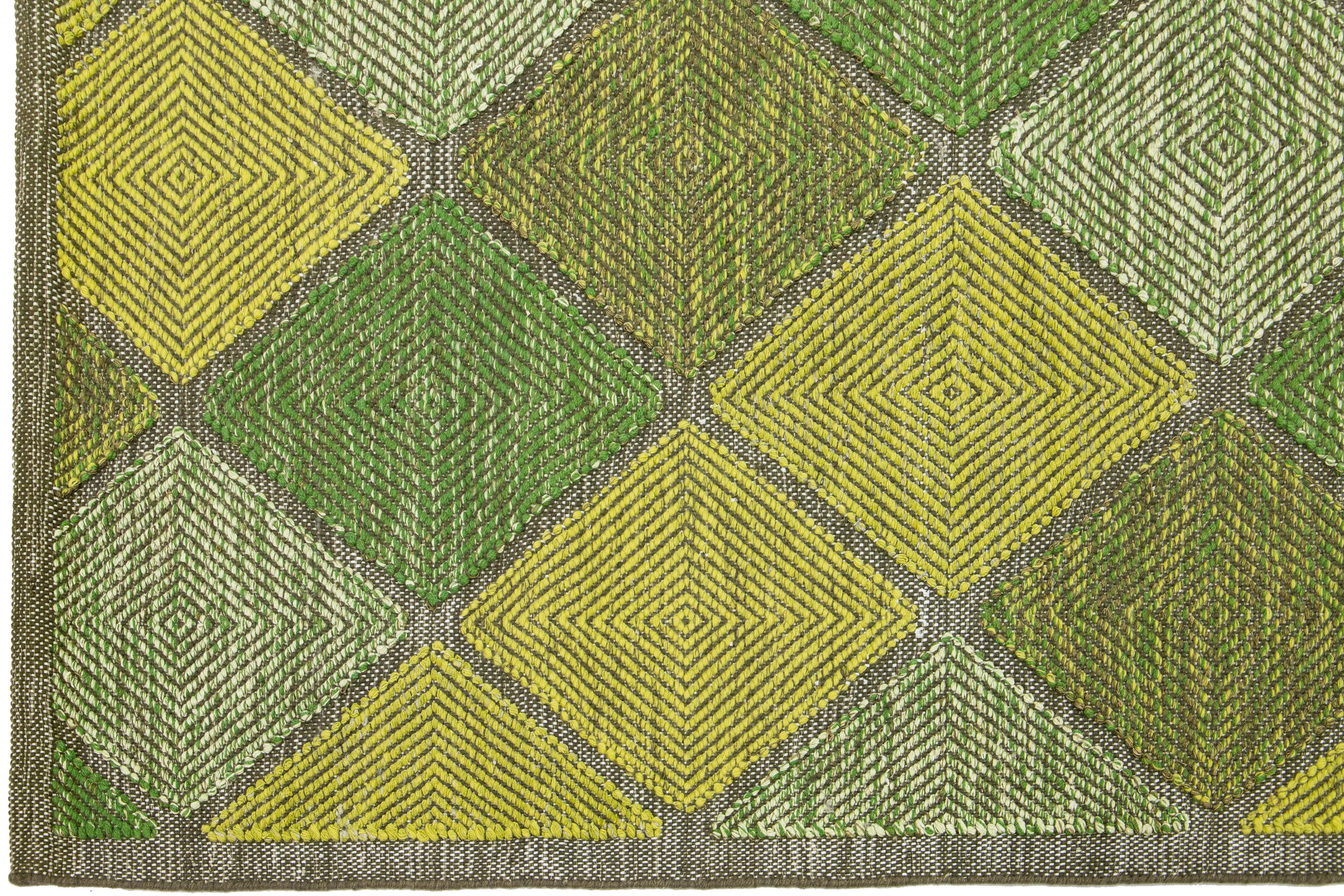 Hand-Knotted Green Contemporary Swedish Style Wool Rug Handmade With Geometric Pattern For Sale