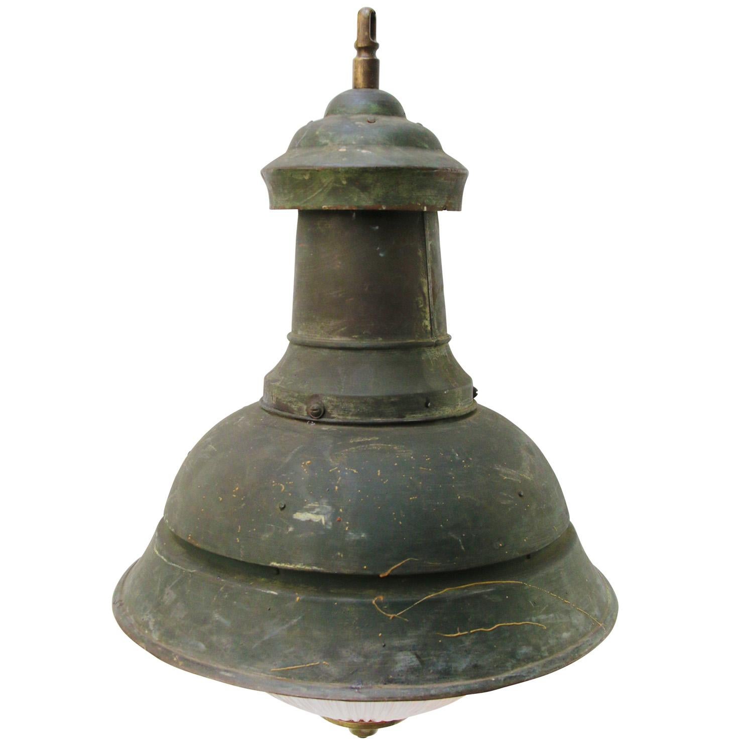 French Green Copper Brass Vintage Industrial Holophane Glass Pendant Light