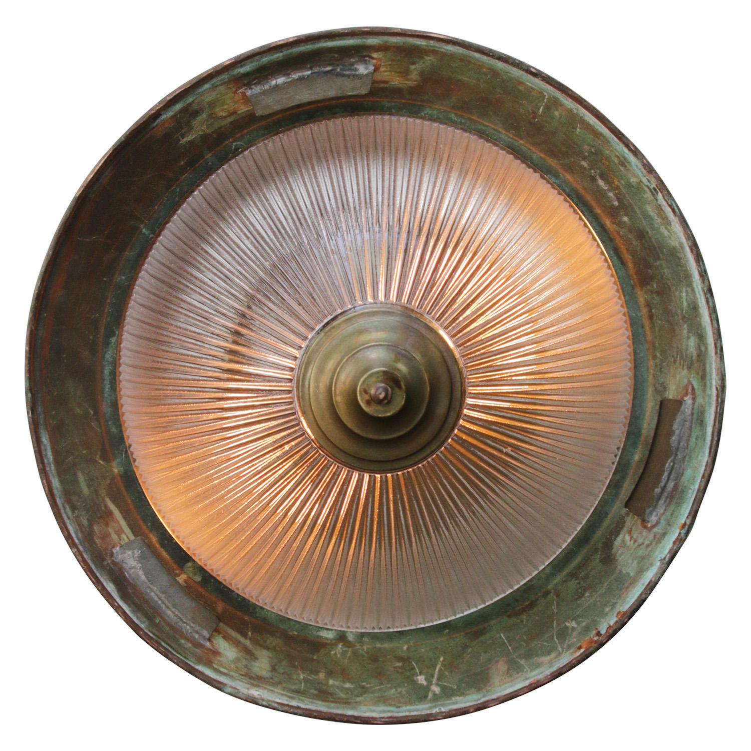 Green Copper Brass Vintage Industrial Holophane Glass Pendant Light In Good Condition In Amsterdam, NL