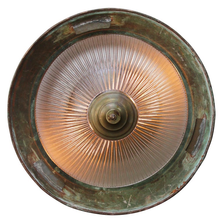 Green Copper Brass Vintage Industrial Holophane Glass Pendant Light In Good Condition For Sale In Amsterdam, NL