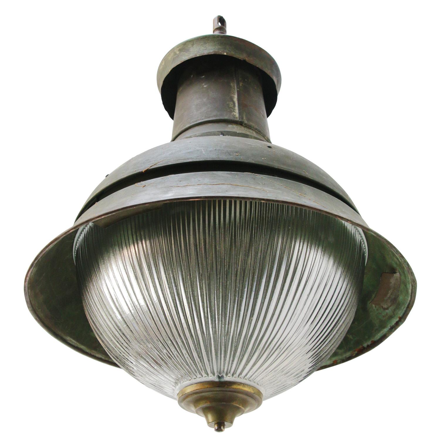 20th Century Green Copper Brass Vintage Industrial Holophane Glass Pendant Light