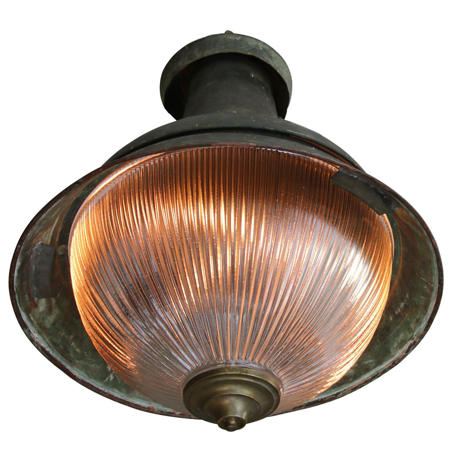 Green Copper Brass Vintage Industrial Holophane Glass Pendant Light 1