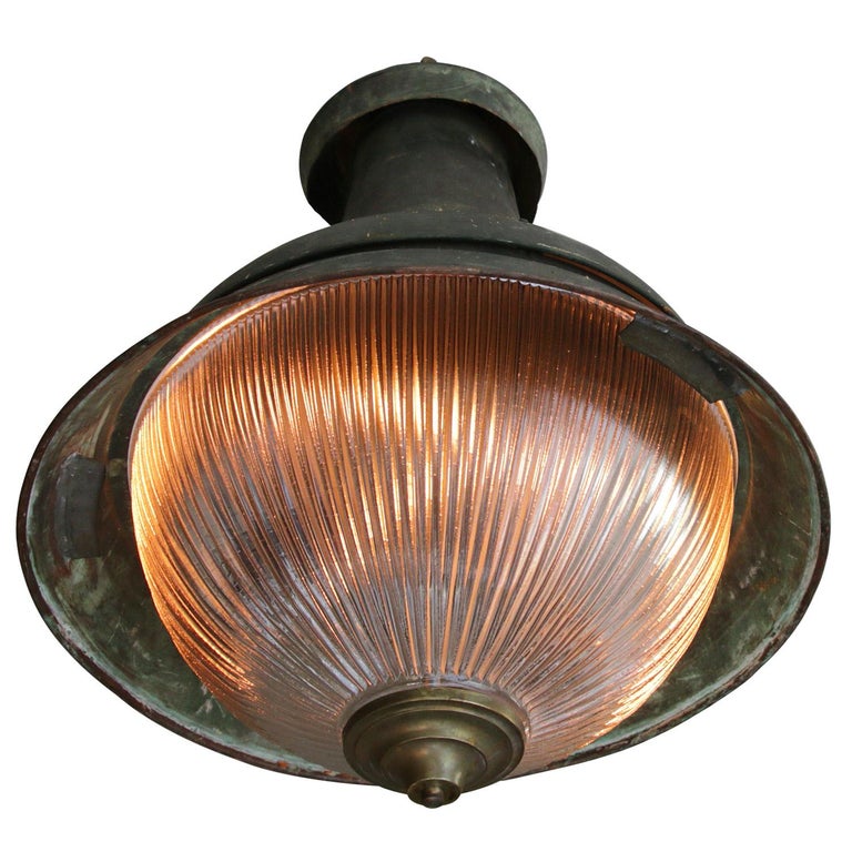 Green Copper Brass Vintage Industrial Holophane Glass Pendant Light For Sale 1