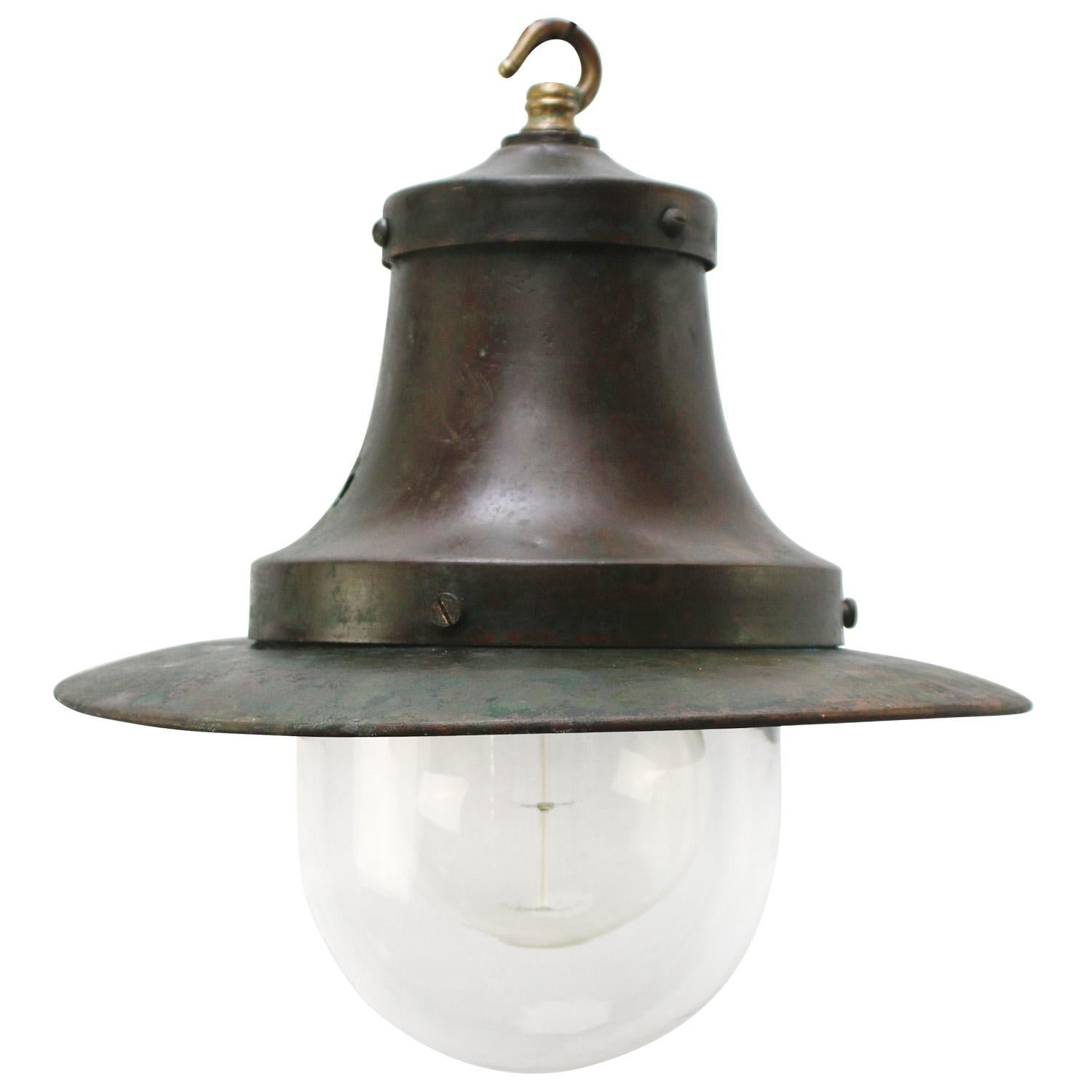 Brass Green Copper Clear Glass Pendant Light For Sale
