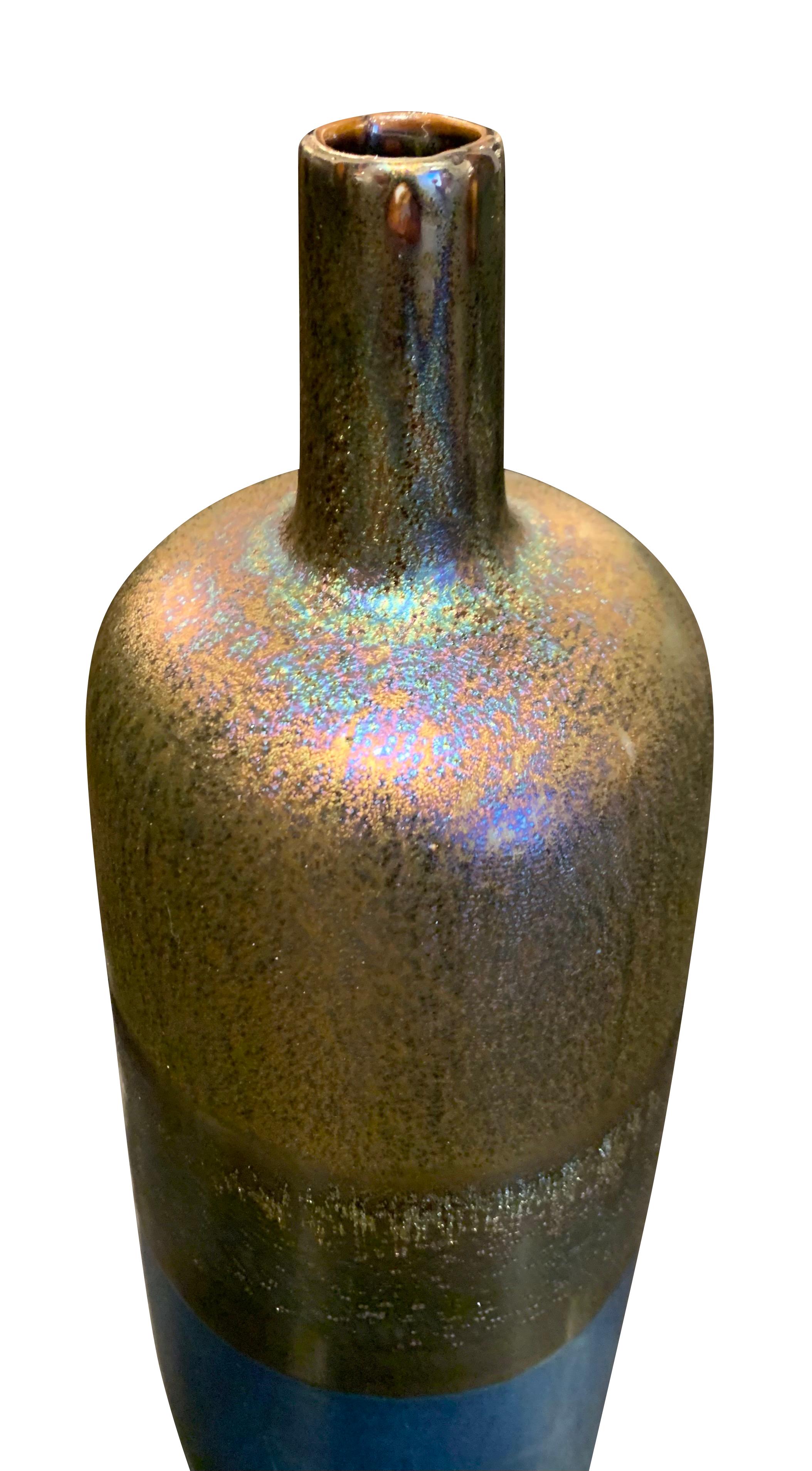 Contemporary Chinese iridescent color block tall vase.
Three horizontal bands of color. The bottom band is green, middle band is gold metallic glaze and top is copper metallic glaze.
Sits nicely as a collection with S5273/4/5.
See image #4.
 