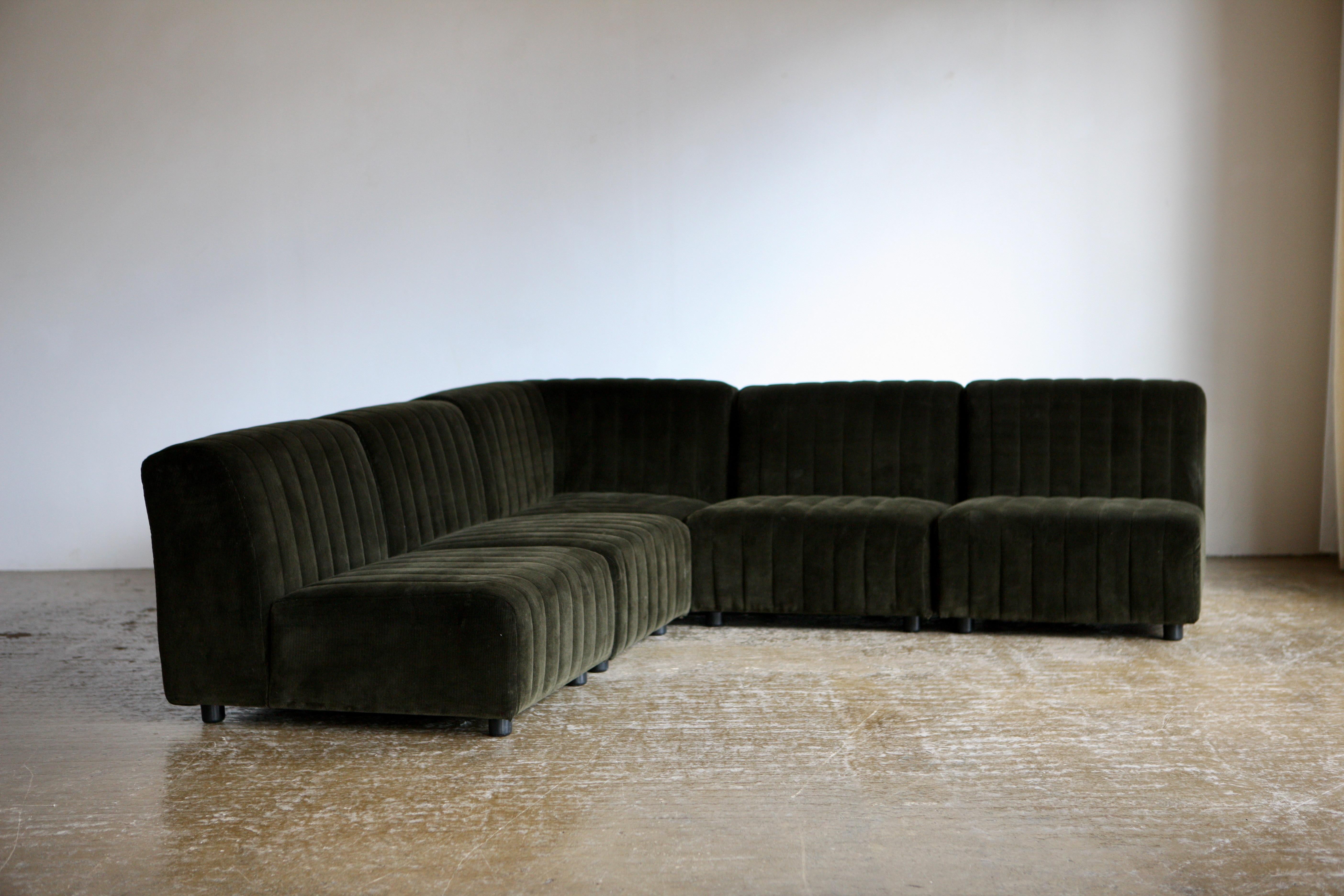 Mid-Century Modern Green Corduroy Modular Corner Sofa For Sale