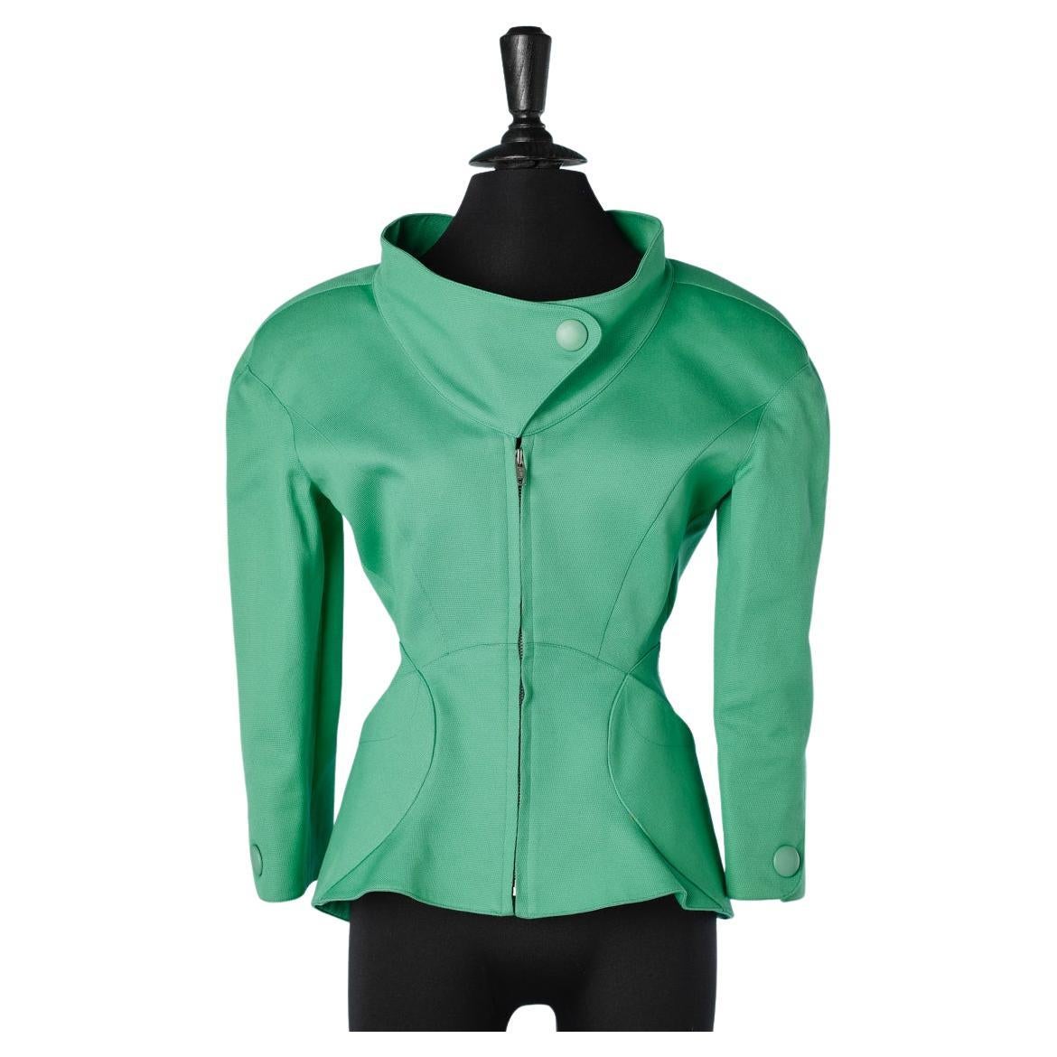 Green cotton jacket wit zip in the middle front and snaps Thierry Mugler  For Sale