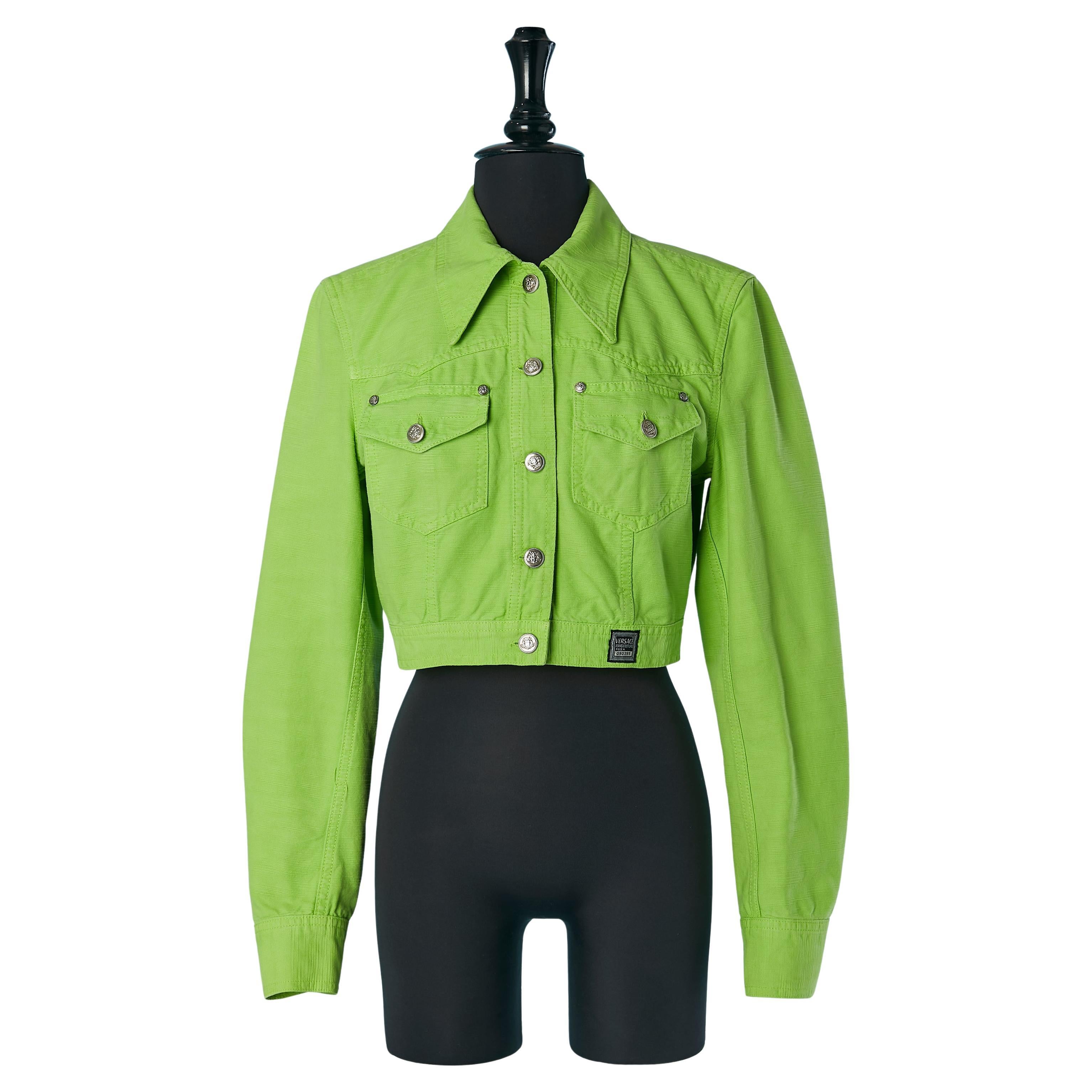 Green cotton jacket with branded buttons Versace Jeans Couture For Sale