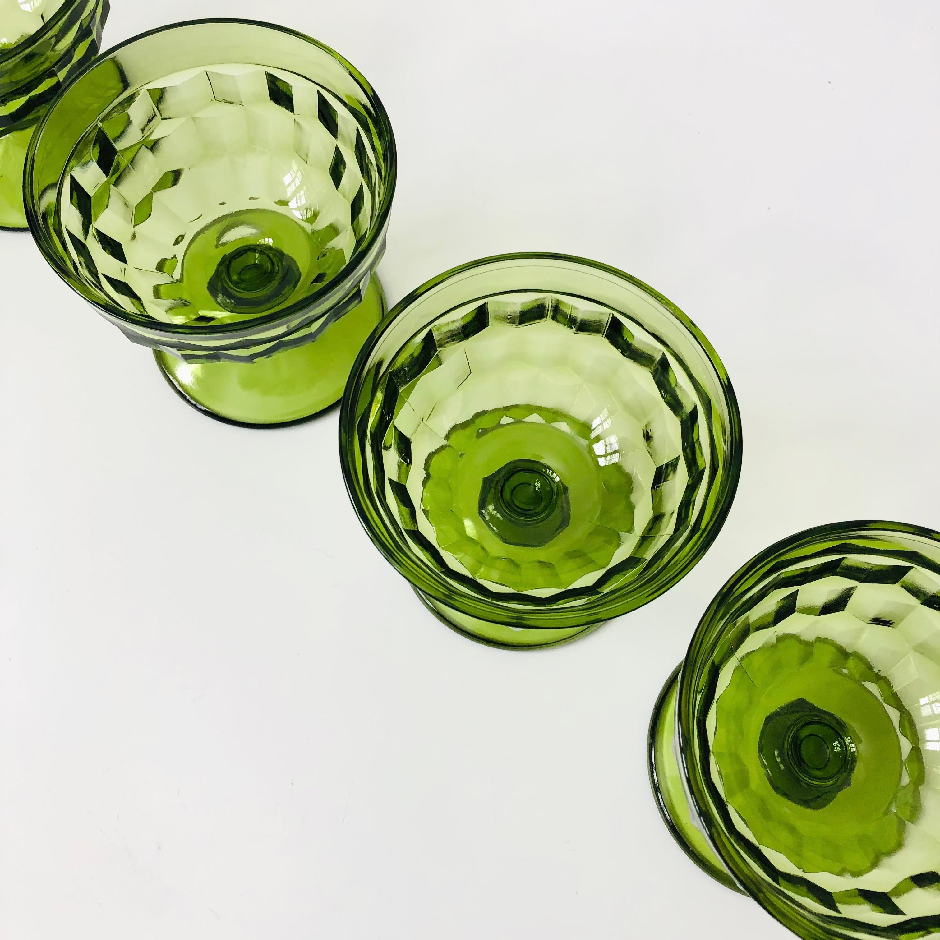 Mid-Century Modern Green Coupe Glasses - Set of 4 - Whitehall Indiana Glass