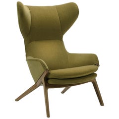 Olive Velvety Upholstered Modern Wing Chair with Walnut Frame, Cassina