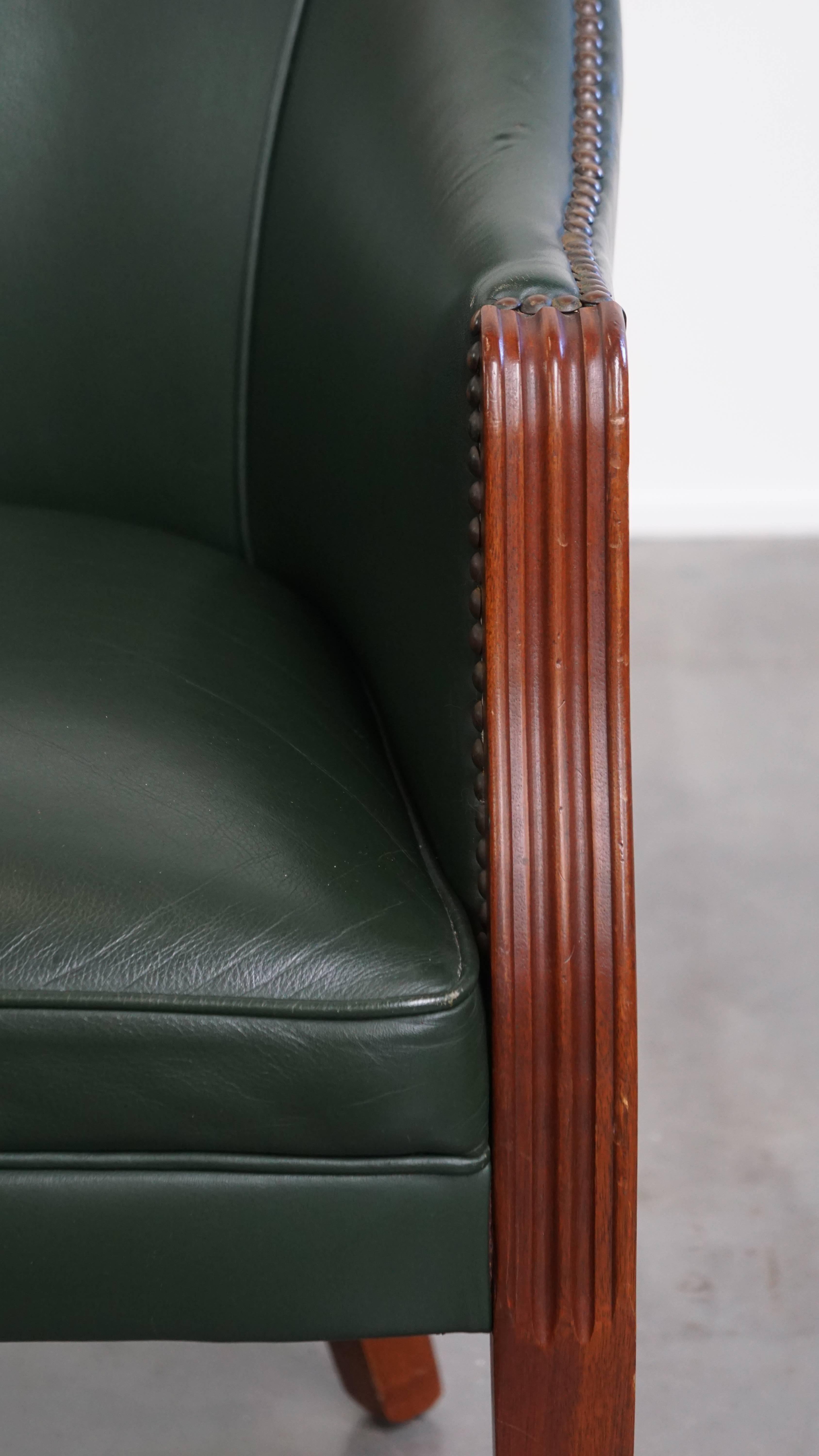 Green Cowhide Leather and Wooden Side / Dining / Desk Chair For Sale 4