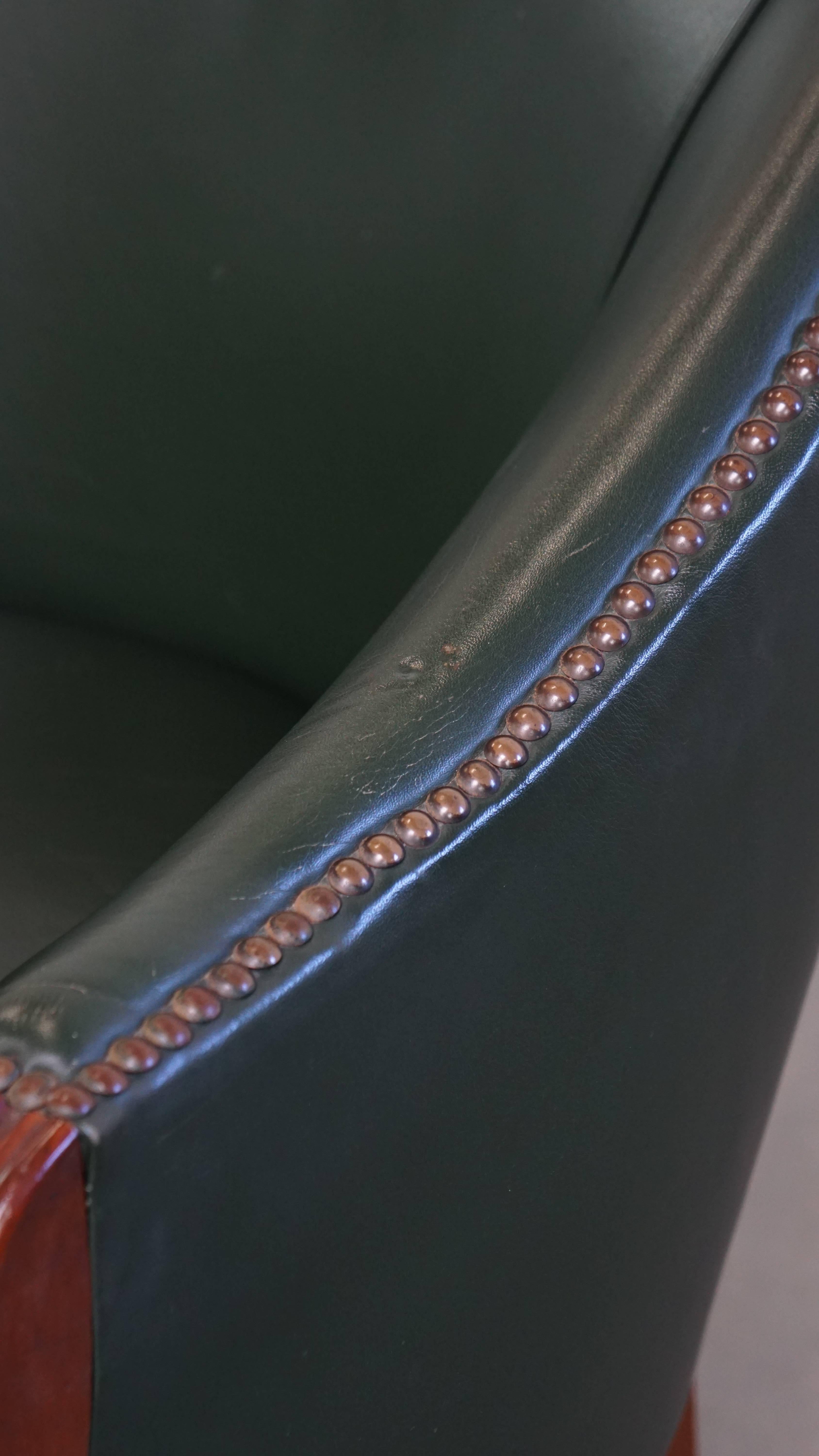 Green Cowhide Leather and Wooden Side / Dining / Desk Chair For Sale 6