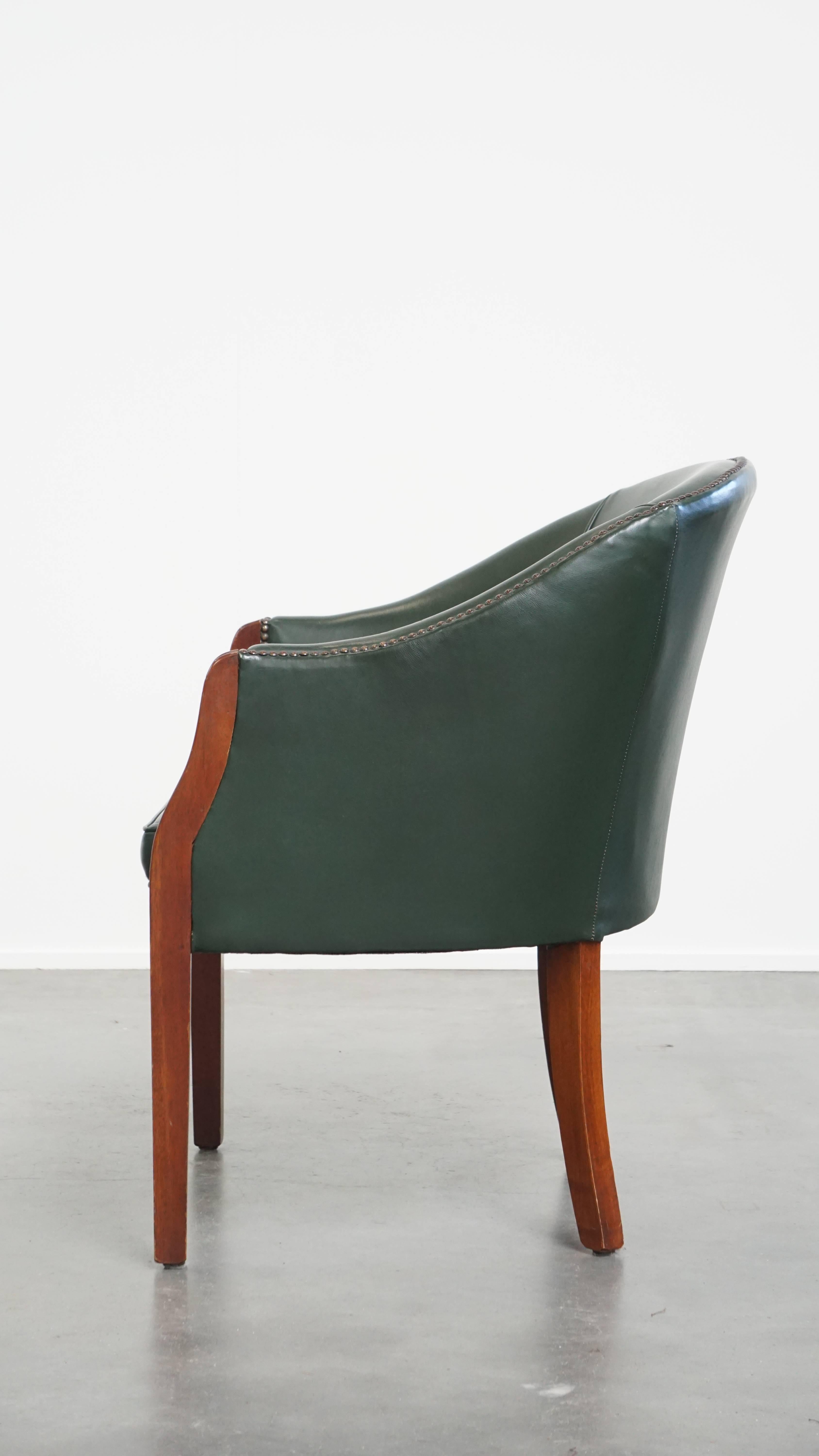 Green Cowhide Leather and Wooden Side / Dining / Desk Chair In Fair Condition For Sale In Harderwijk, NL
