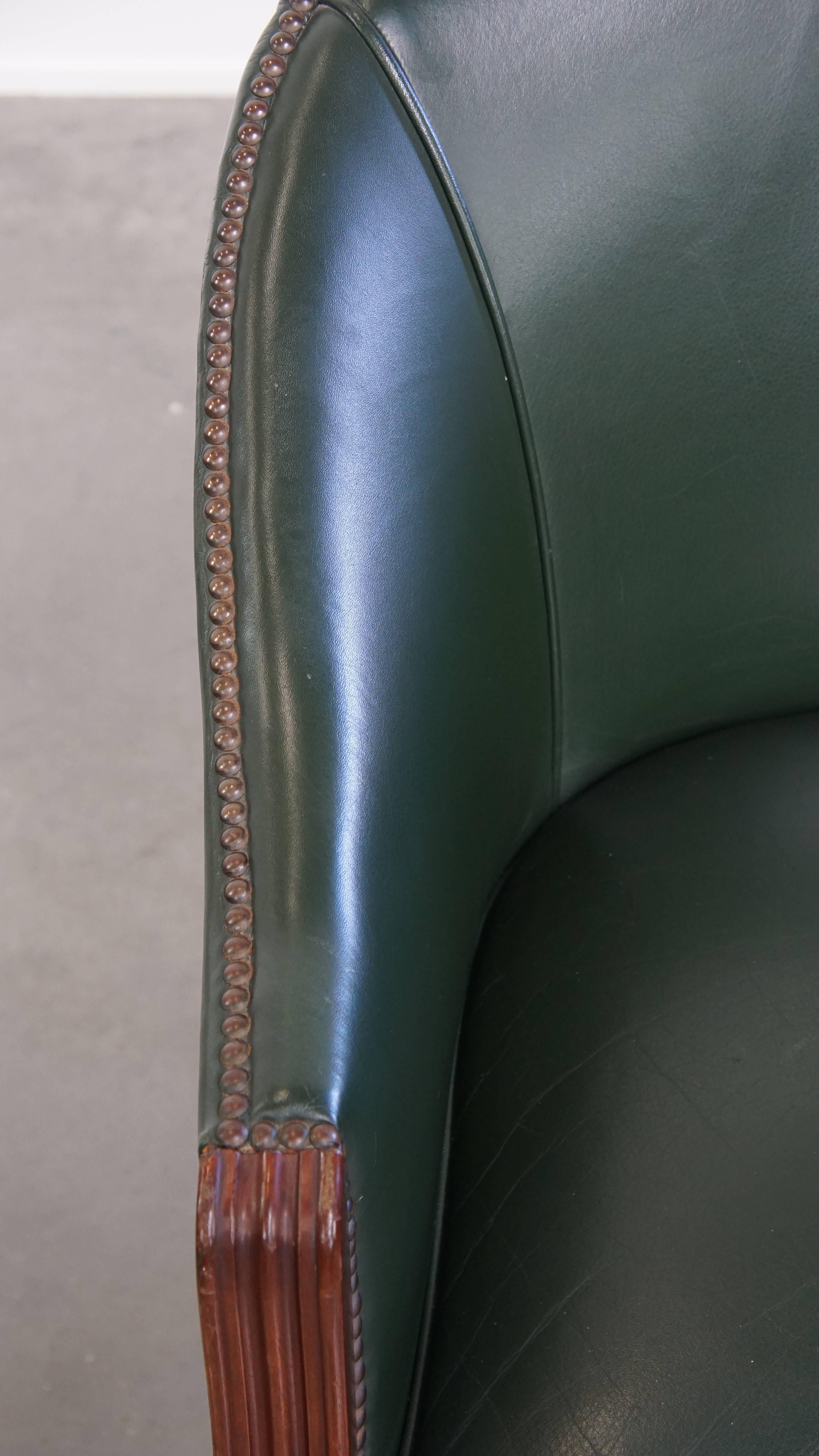 Green Cowhide Leather and Wooden Side / Dining / Desk Chair For Sale 1
