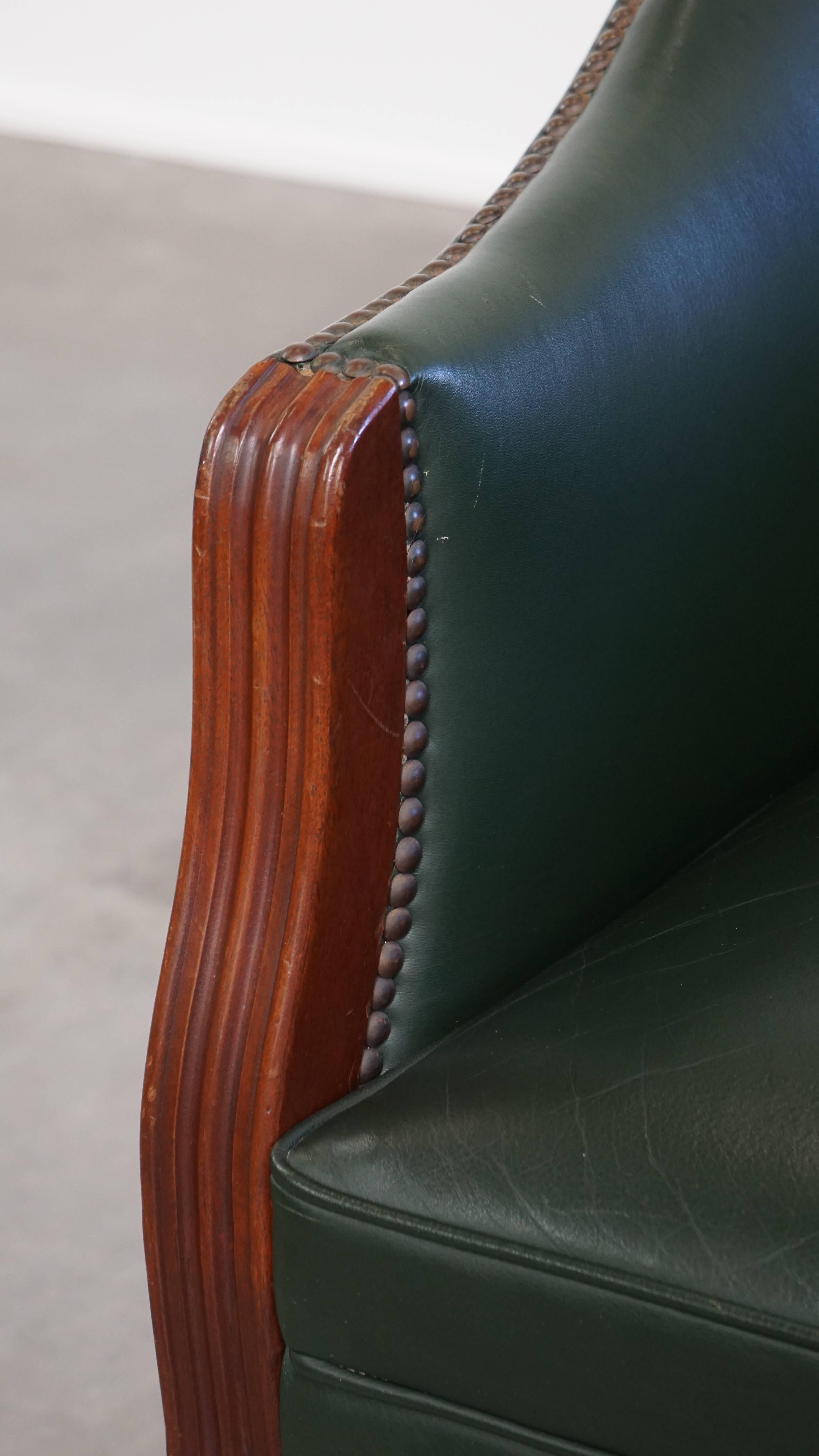 Green Cowhide Leather and Wooden Side / Dining / Desk Chair For Sale 3