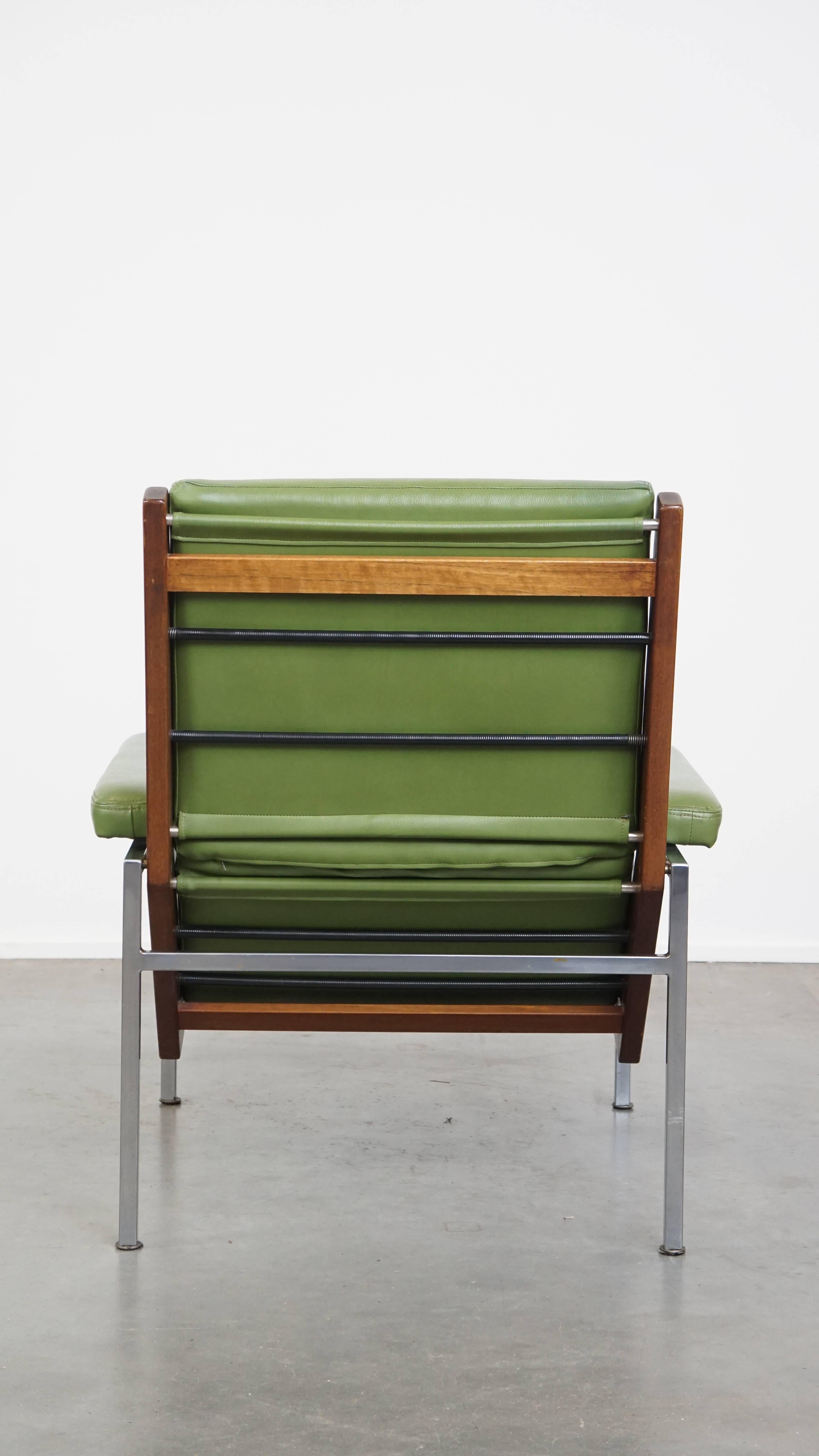 Hand-Crafted Green Cowhide Leather and Wooden Vintage Design Armchair For Sale