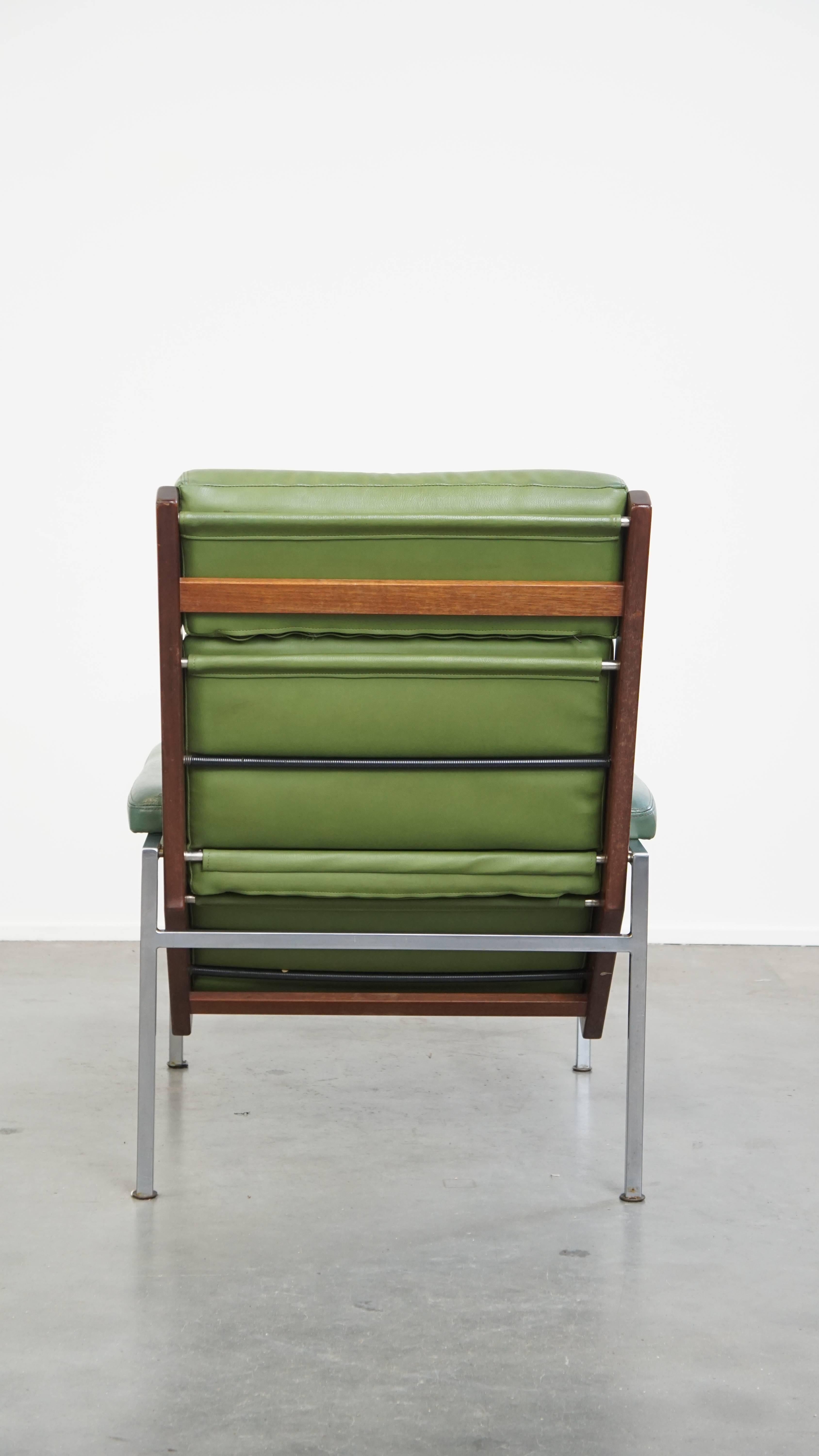 Hand-Crafted Green Cowhide Leather and Wooden Vintage Design Armchair For Sale