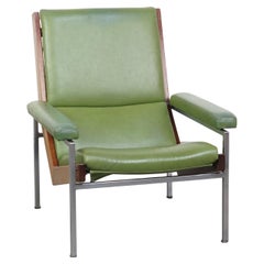 Green Cowhide Leather and Wooden Vintage Design Armchair