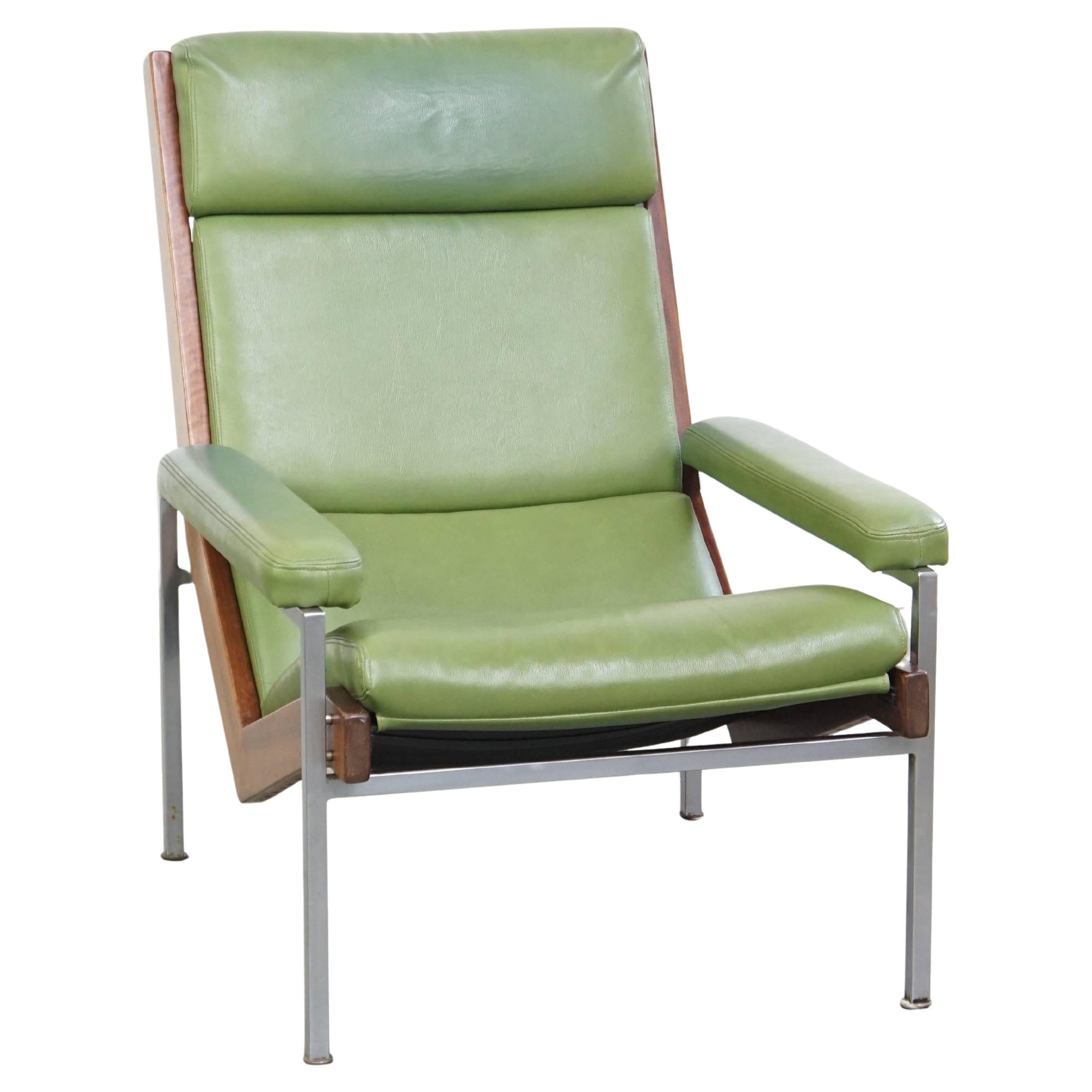 Green Cowhide Leather and Wooden Vintage Design Armchair