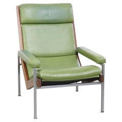 Green Cowhide Leather and Wooden Vintage Design Armchair