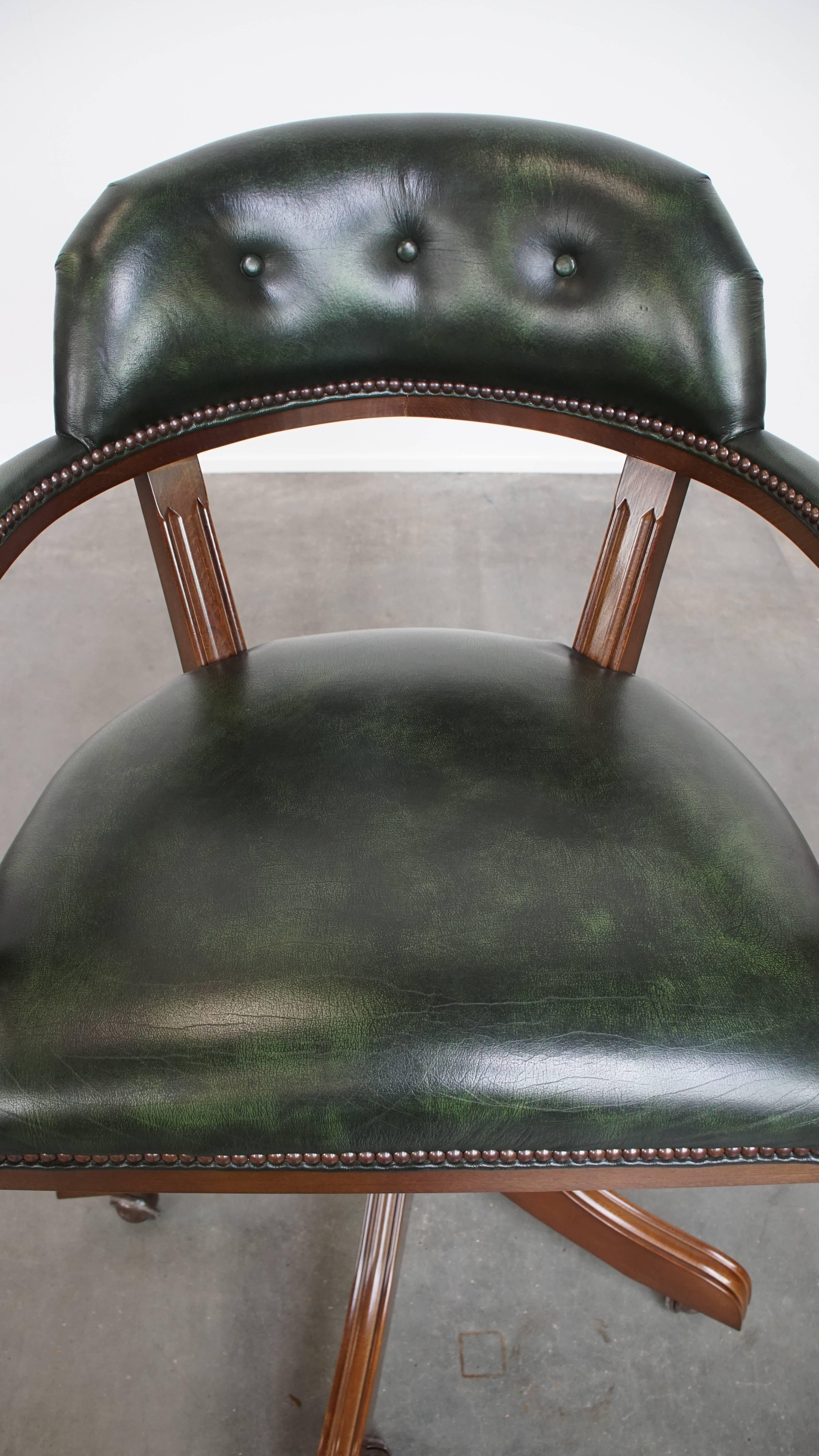 20th Century Green Cowhide Leather Chesterfield Office Chair in English Style on Wheels